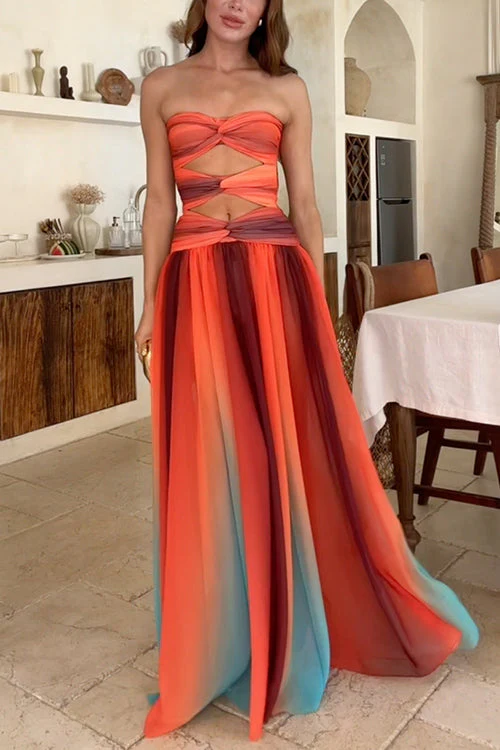 Heidi-Mode | Strapless Twist Front Cut Out Farbiges Mesh Maxi Kleid - Image 3