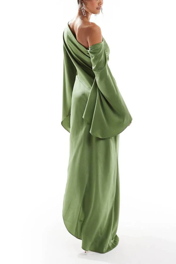 Heidi-Mode | Zayla Satin Asymmetrisches Ein Schulter Glockenärmel Schlitz Maxi Kleid - Image 4