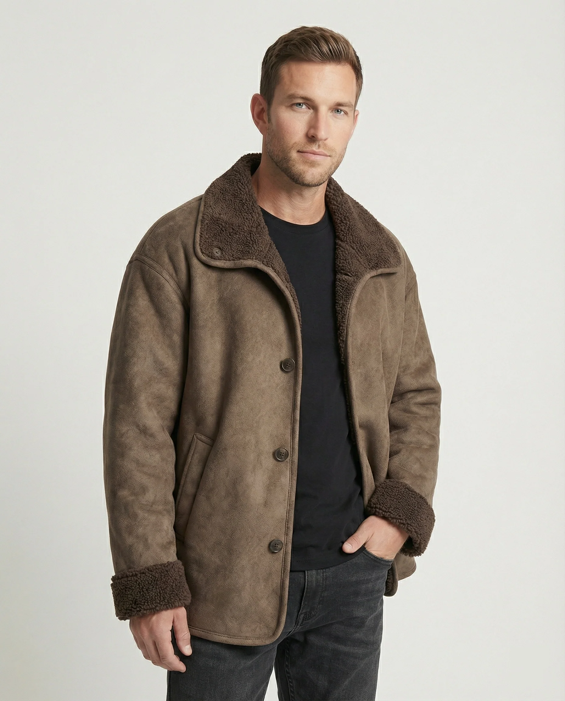 Herren extraweiter Lammfellimitat-Fliegerjacke mit Teddyfutter umklappbarem Kragen und verdeckten Druckknöpfen Heidi-Mode