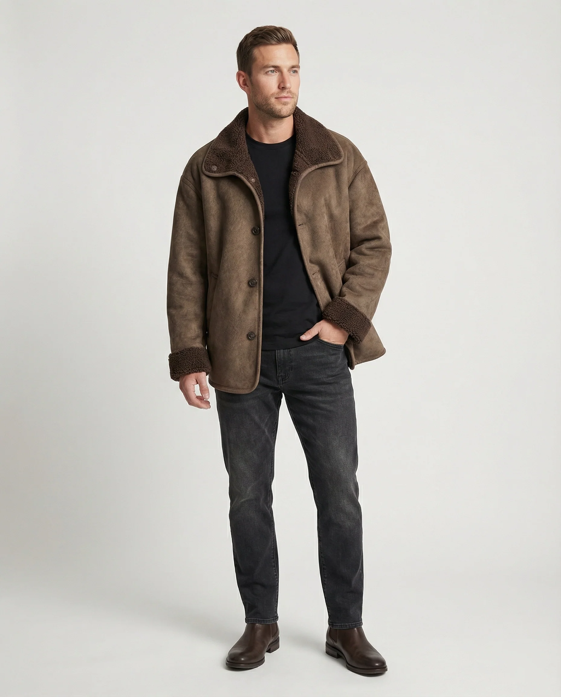 Herren extraweiter Lammfellimitat-Fliegerjacke mit Teddyfutter umklappbarem Kragen und verdeckten Druckknöpfen Heidi-Mode - Image 3