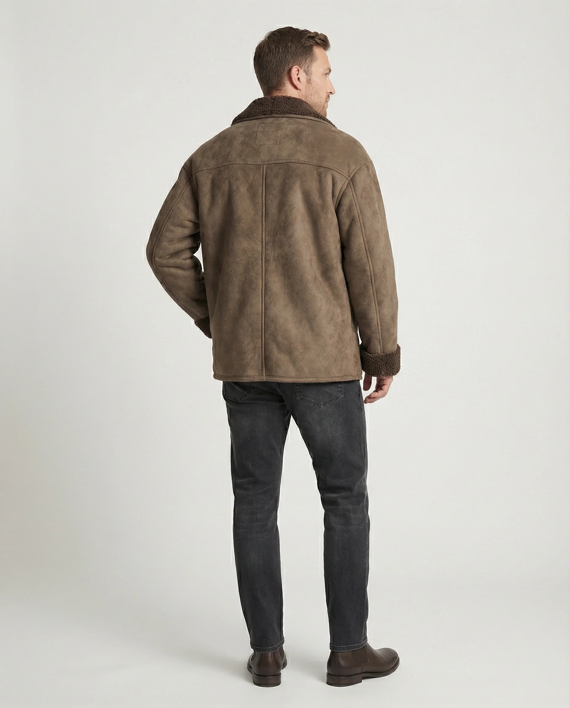 Herren extraweiter Lammfellimitat-Fliegerjacke mit Teddyfutter umklappbarem Kragen und verdeckten Druckknöpfen Heidi-Mode - Image 4