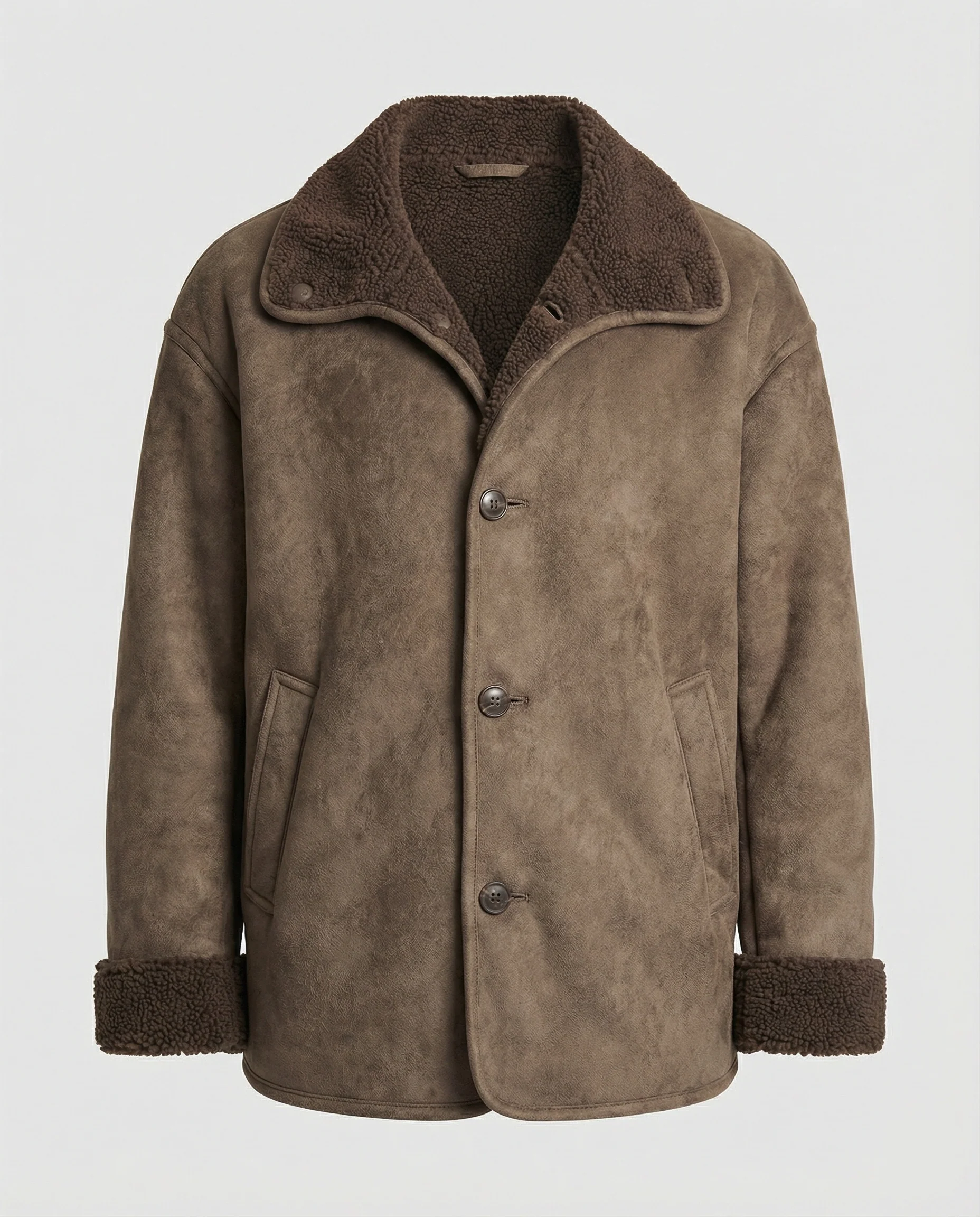 Herren extraweiter Lammfellimitat-Fliegerjacke mit Teddyfutter umklappbarem Kragen und verdeckten Druckknöpfen Heidi-Mode - Image 5