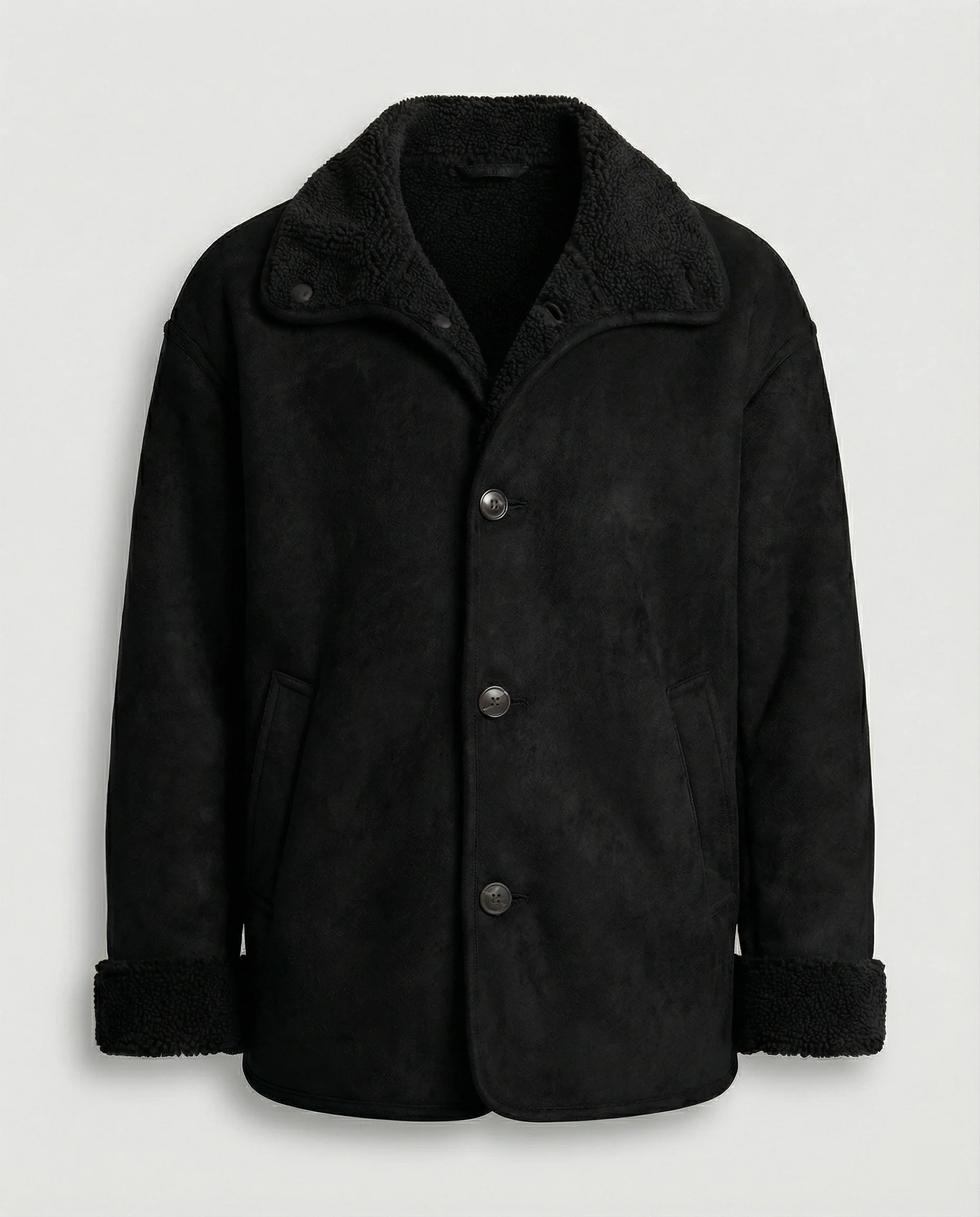 Herren extraweiter Lammfellimitat-Fliegerjacke mit Teddyfutter umklappbarem Kragen und verdeckten Druckknöpfen Heidi-Mode - Image 6