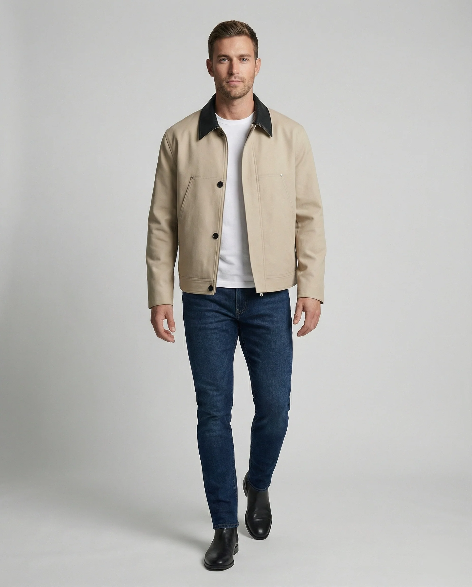 Herren kastenförmige Kurzjacke im Blousonstil mit Kontrastkragen in Lederoptik und seitlichen Eingrifftaschen Heidi-Mode - Image 3