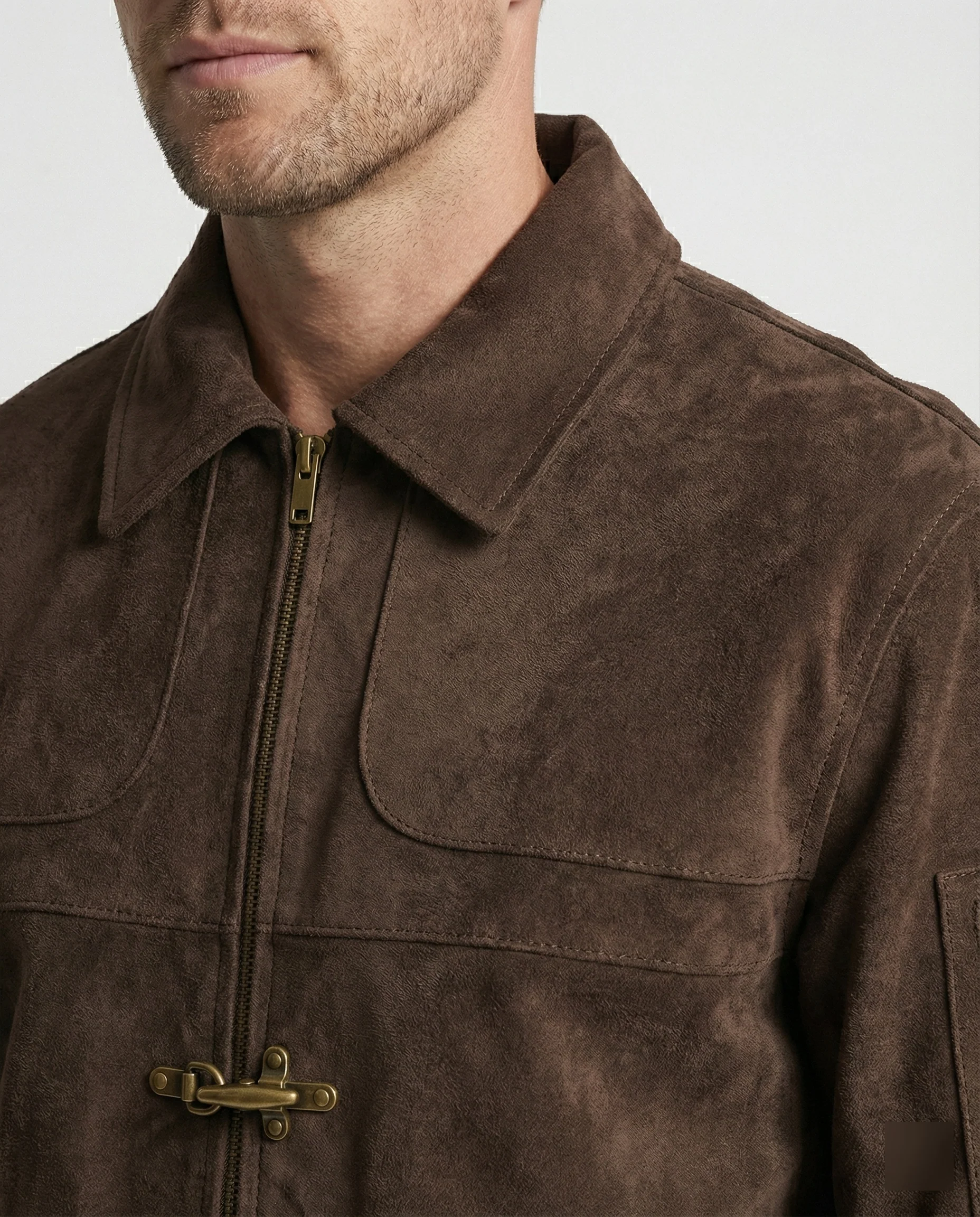Herren kastige Velourslederjacke mit hohem Kragen Hakenverschluss und Ärmeltasche Heidi-Mode - Image 2