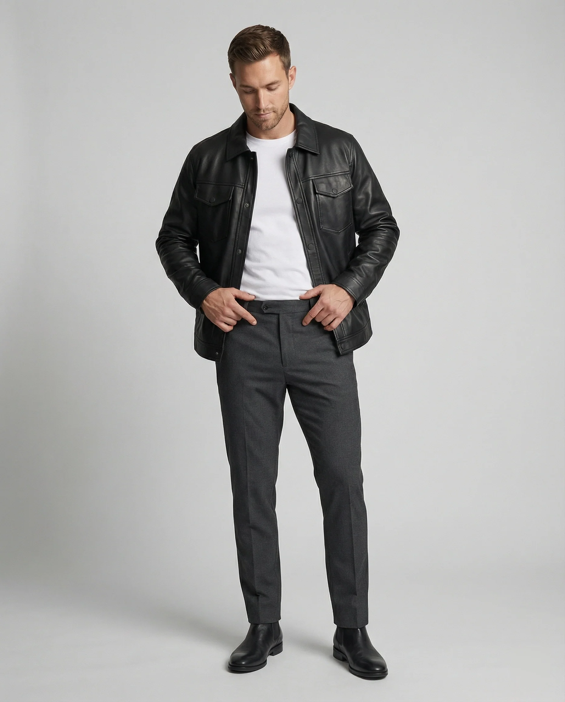 Herren Klassische Kunstlederjacke mit Taschen - Image 2