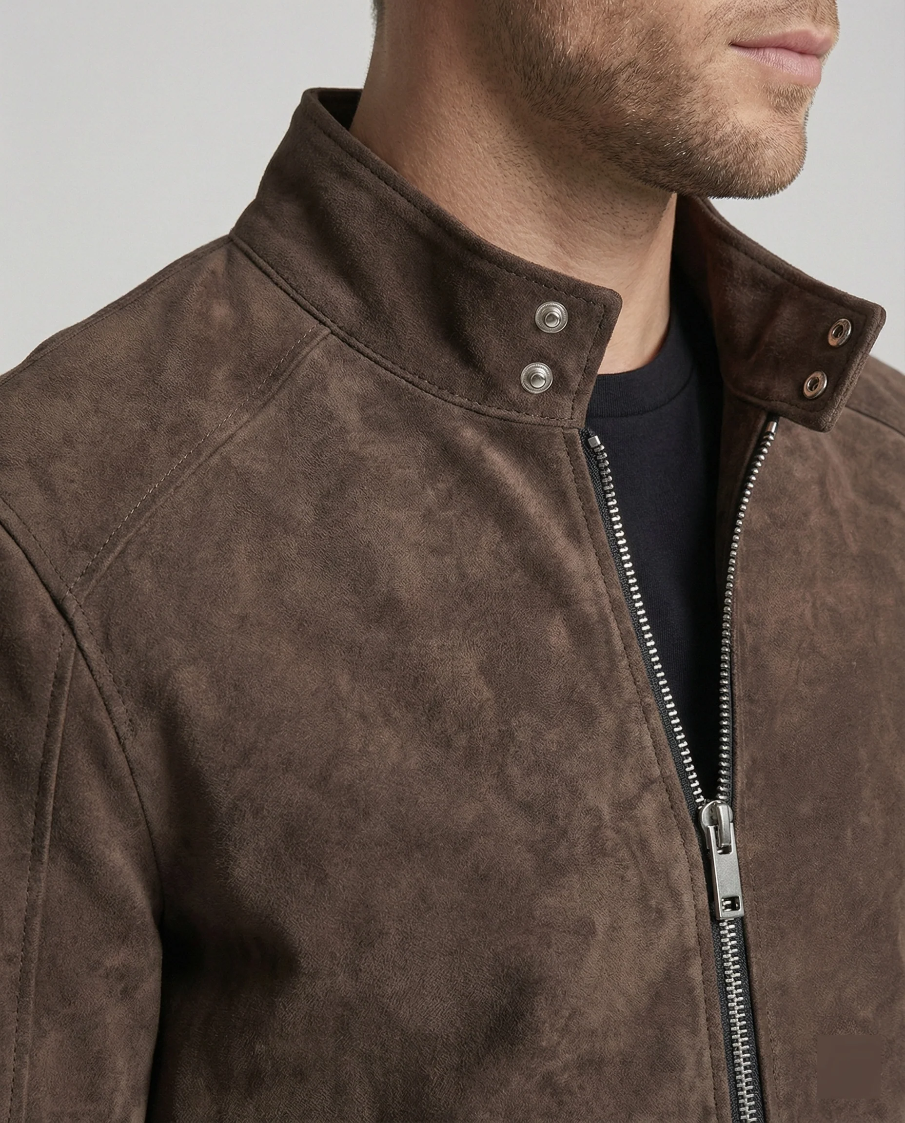 Herren kurz geschnittene Velourslederoptik-Jacke mit Stehkragen, durchgehendem Reißverschluss und Druckknopfmanschetten Heidi-Mode - Image 2
