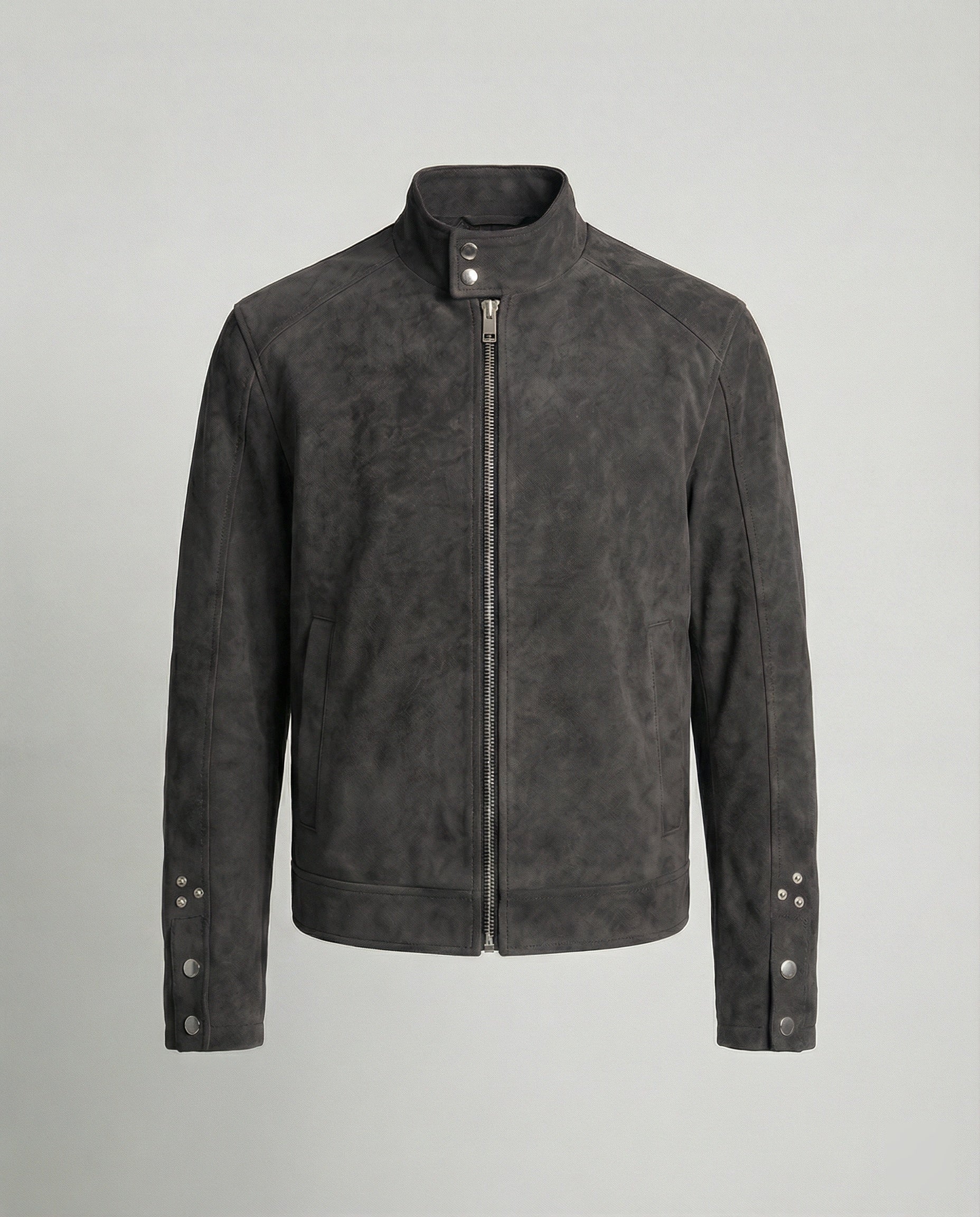 Herren kurz geschnittene Velourslederoptik-Jacke mit Stehkragen, durchgehendem Reißverschluss und Druckknopfmanschetten Heidi-Mode - Image 6
