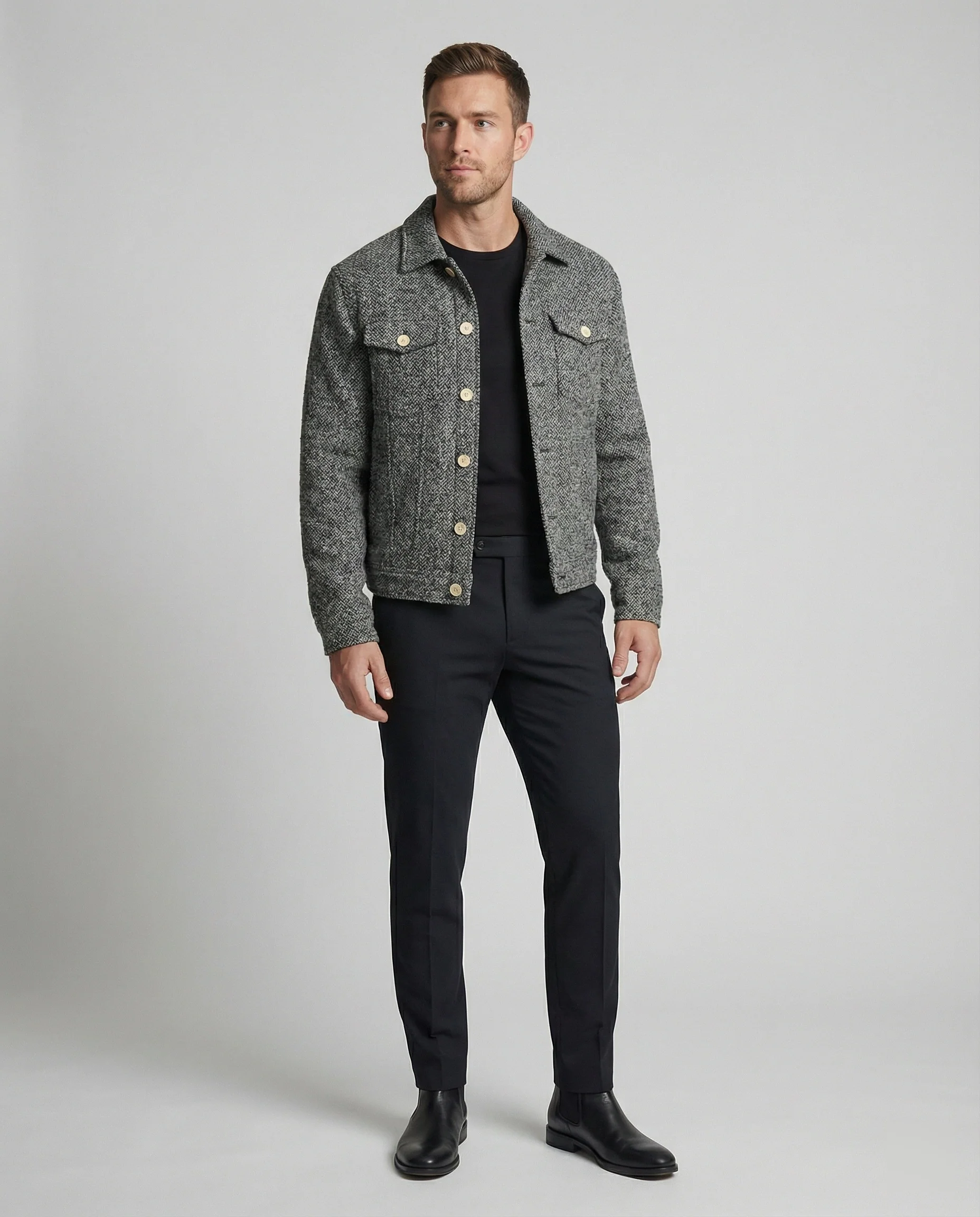 Herren kurzer Bouclé Blouson mit kastiger Silhouette Pattentaschen und Rippbündchen Heidi-Mode - Image 3