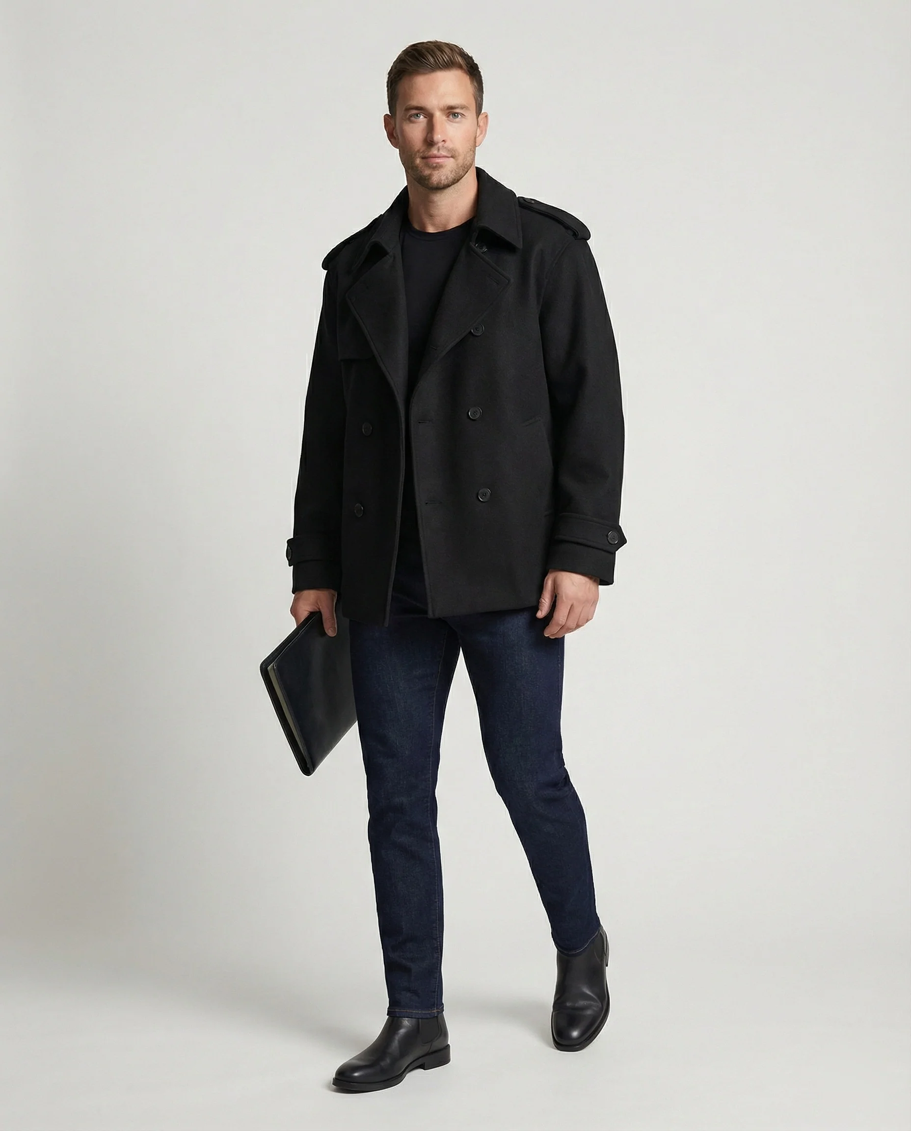 Herren Kurzmantel Raglanärmel Doppelreiher Cleanfit Jacke Schwarz Locker - Image 3