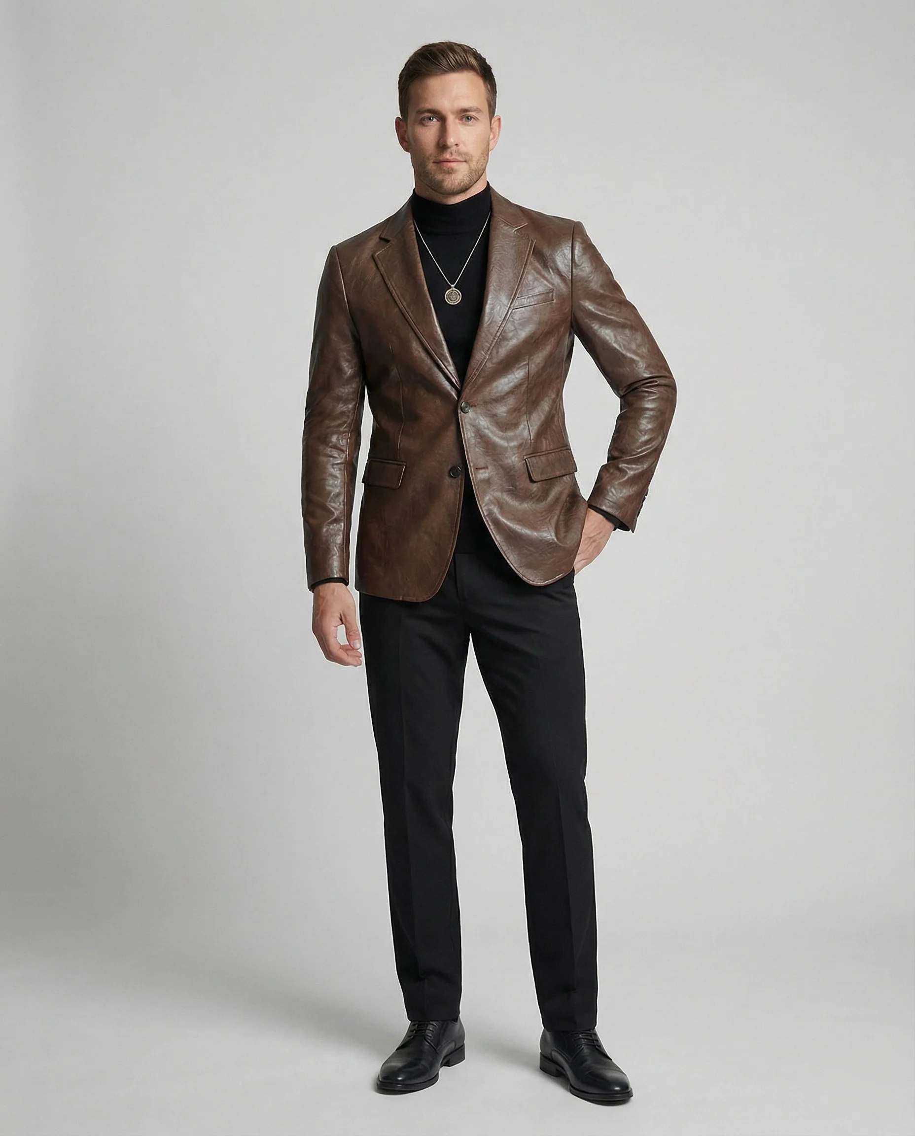 Herren Jacke Sakko Style Braun Retro Blazer mit Schulterpolstern - Image 2