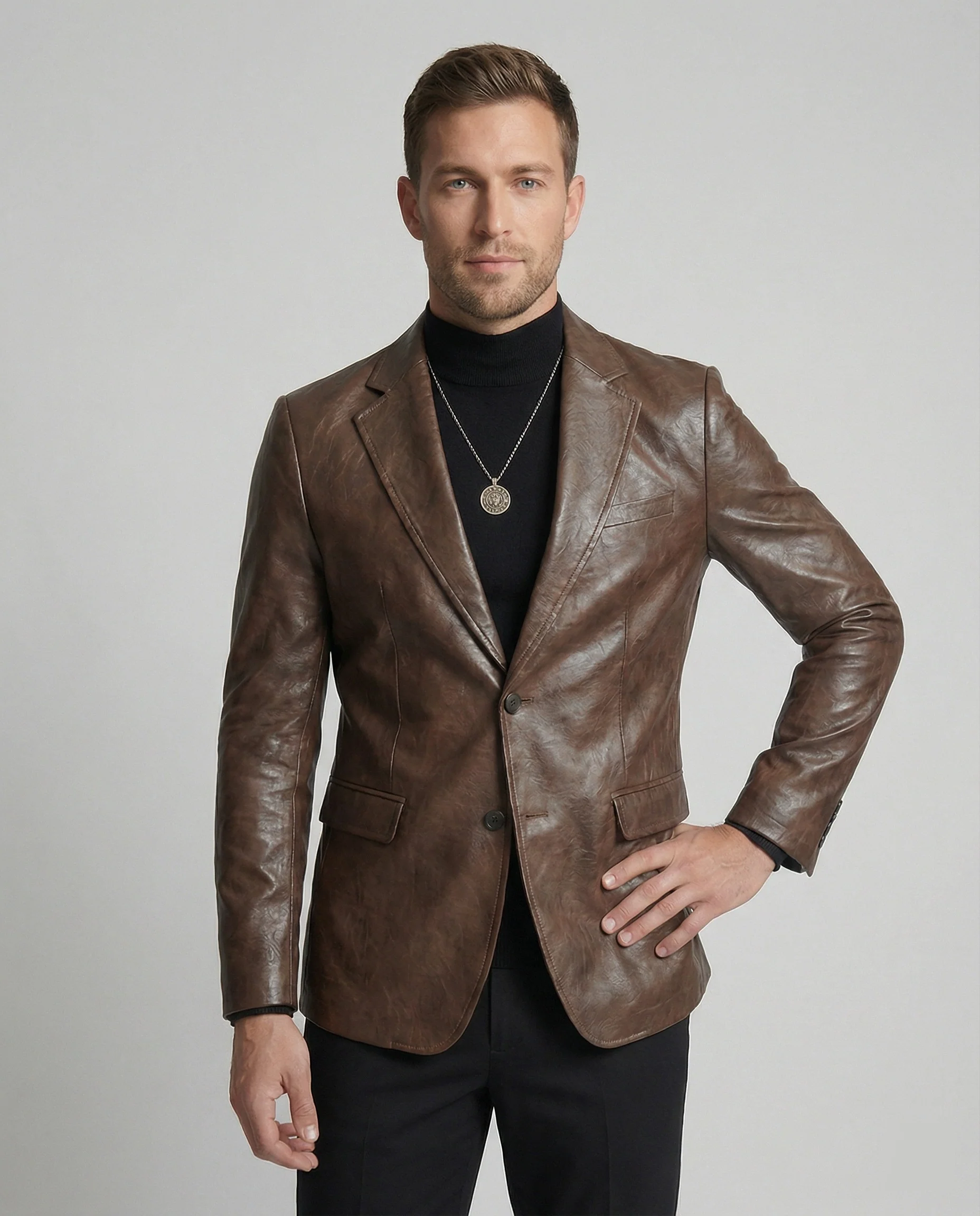 Herren Jacke Sakko Style Braun Retro Blazer mit Schulterpolstern - Image 5