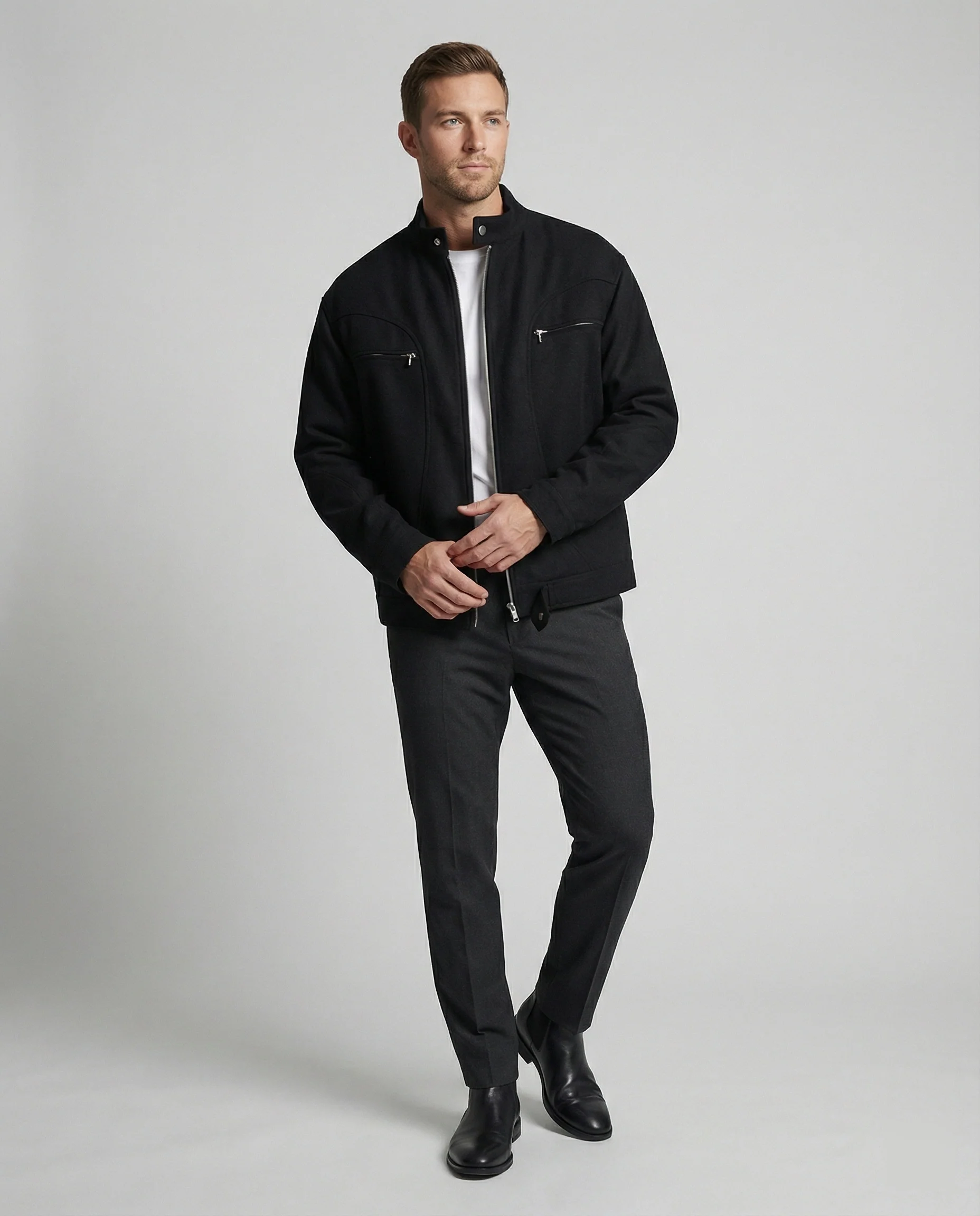 Herren lockere Wolloptik-Blousonjacke mit kurzem Stehkragen durchgehendem Reißverschluss und horizontalen Brusttaschen Heidi-Mode - Image 3