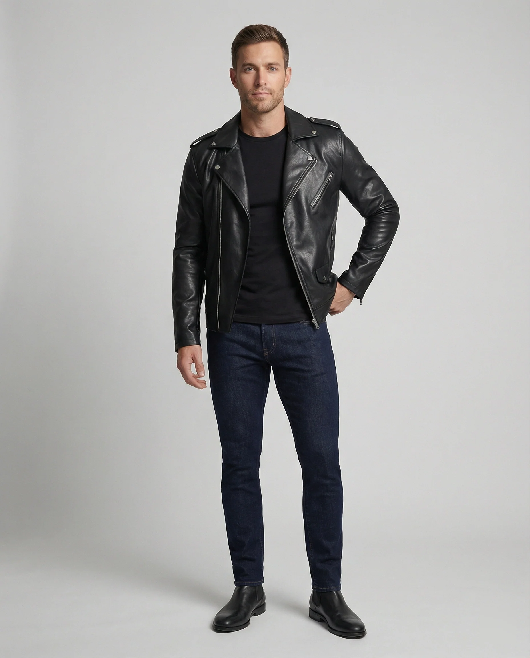 Herren Motorradjacke aus Leder mit asymmetrischem Zip Heidi Mode - Image 2