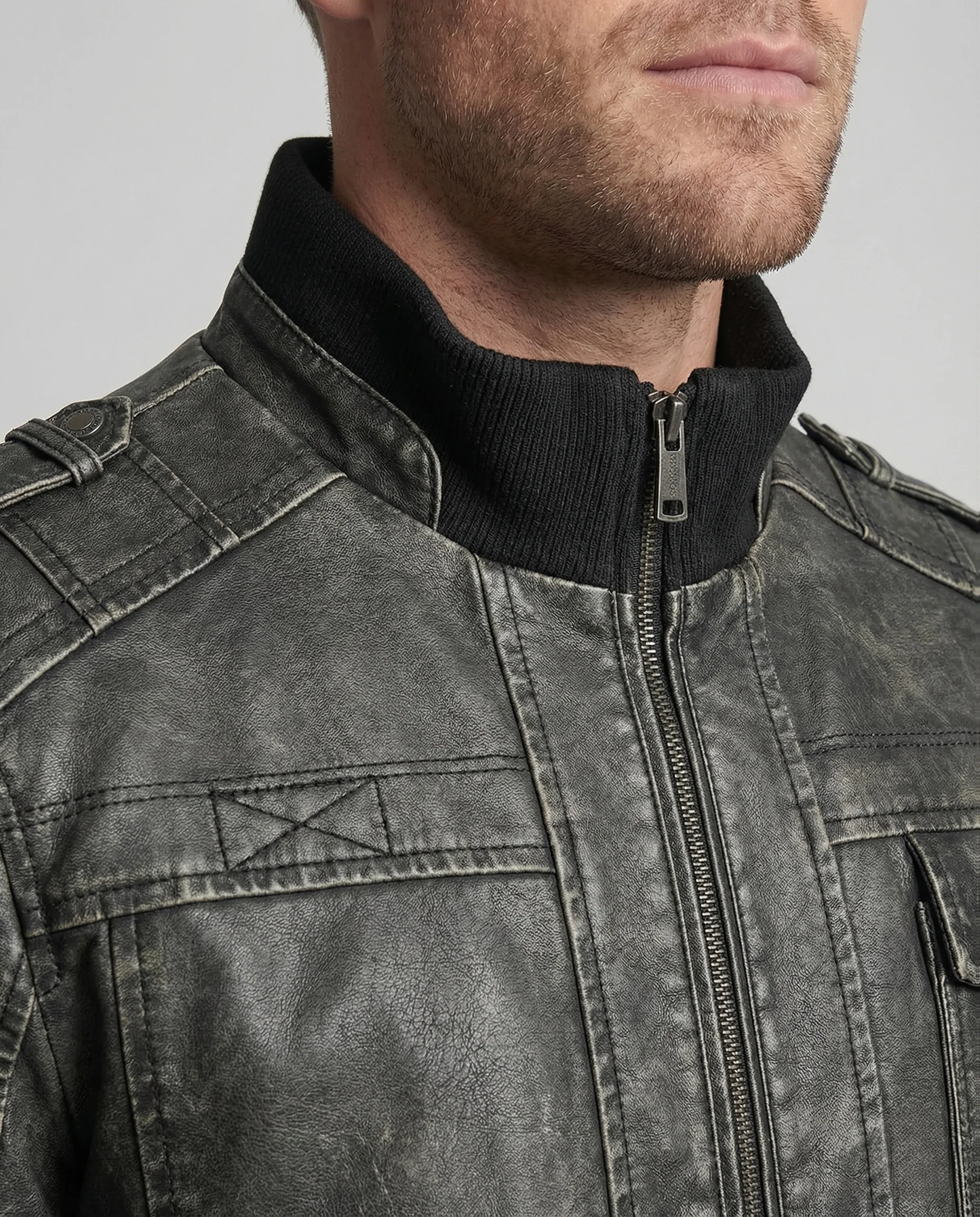 Herren Kunstleder Bikerjacke Stehkragen - Image 3