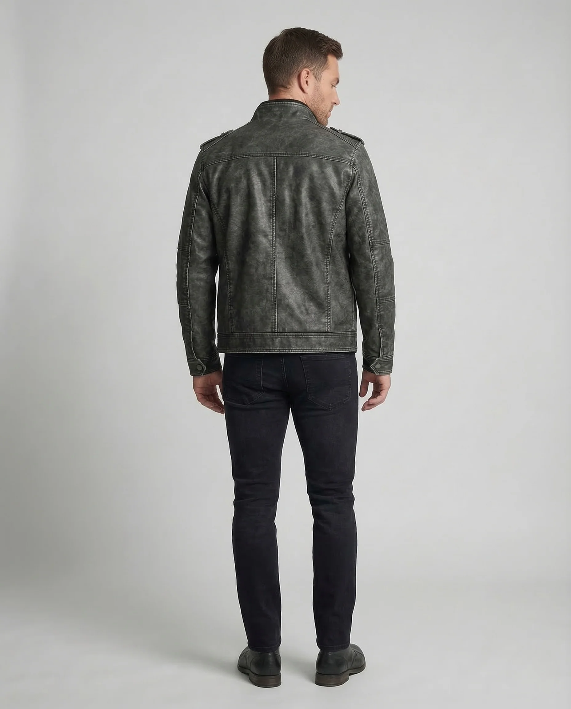 Herren Kunstleder Bikerjacke Stehkragen - Image 4