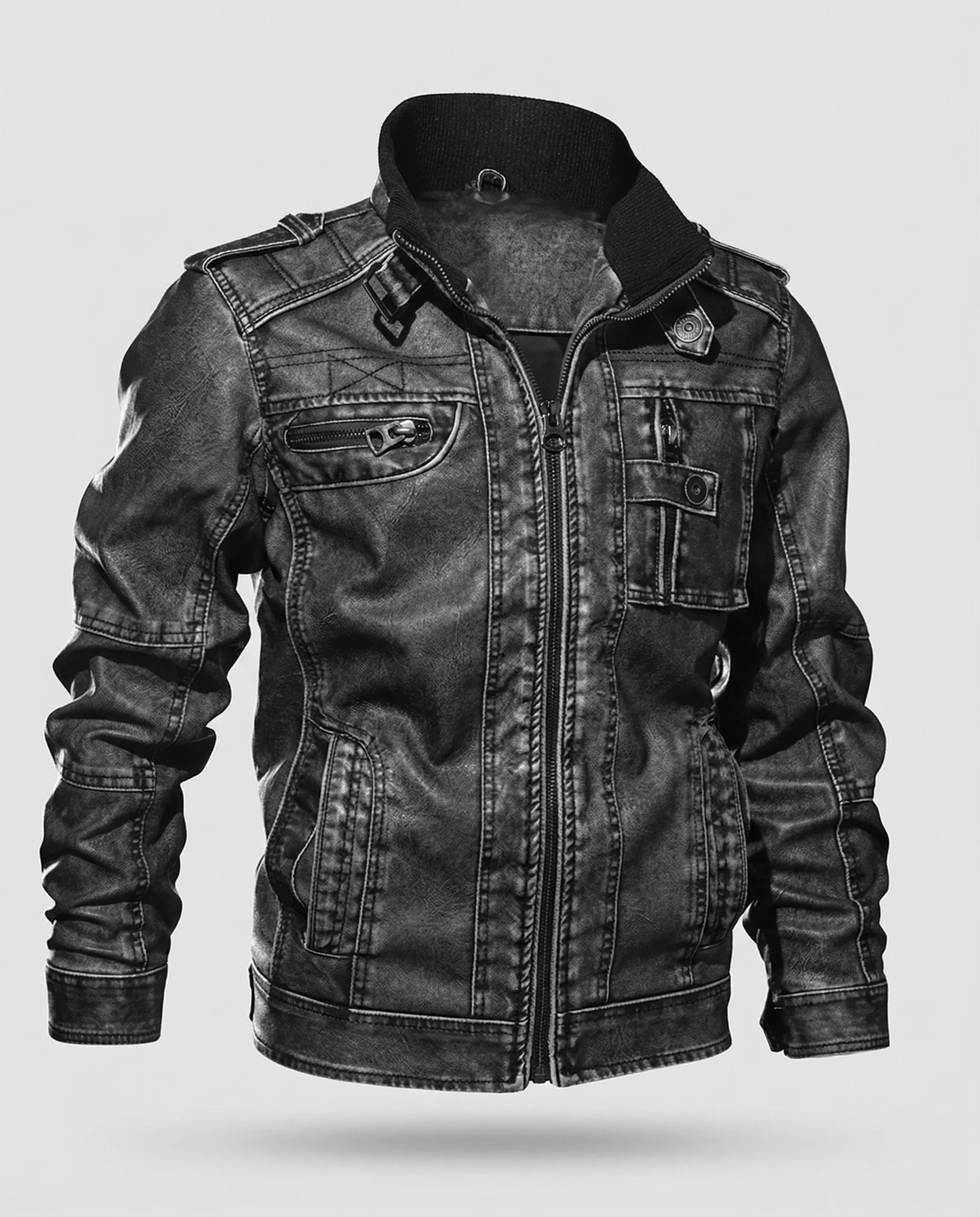 Herren Kunstleder Bikerjacke Stehkragen - Image 5