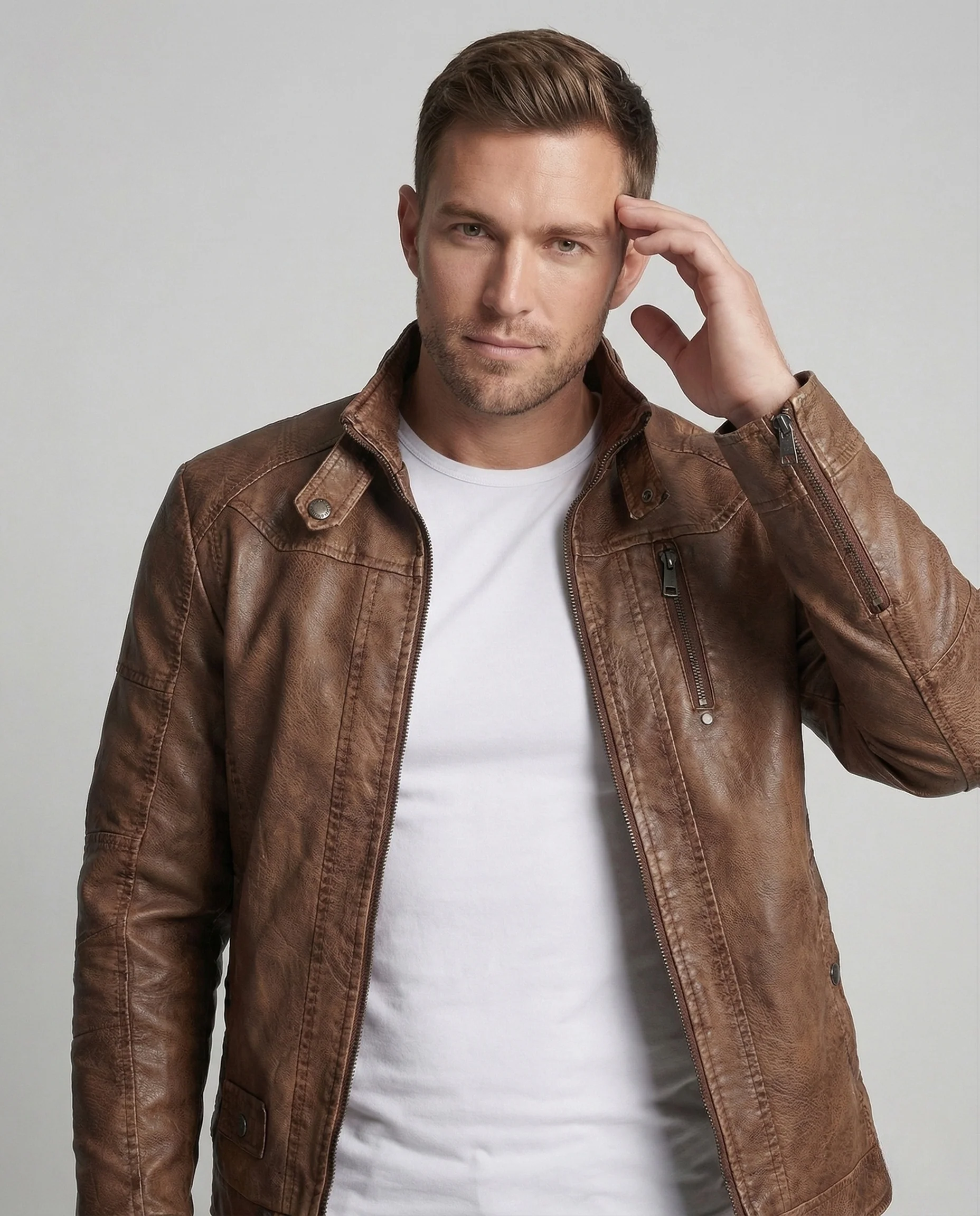 Herren Bikerjacke Kunstleder Stehkragen Reißverschluss - Image 2