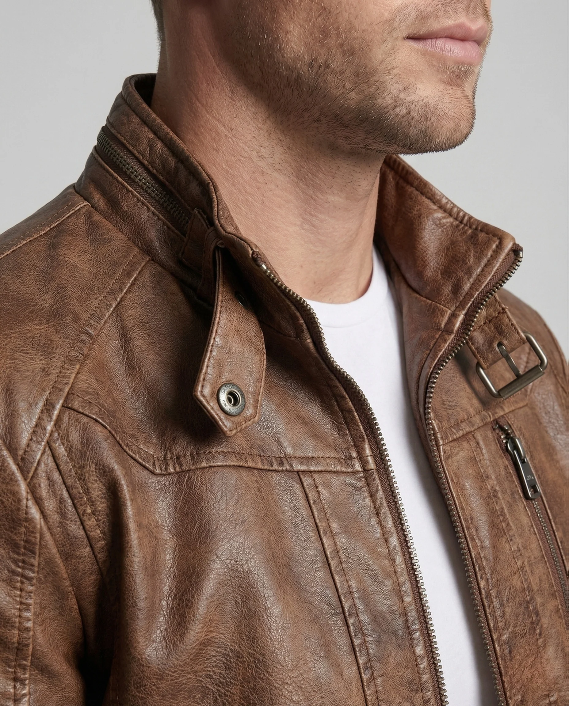 Herren Bikerjacke Kunstleder Stehkragen Reißverschluss - Image 3
