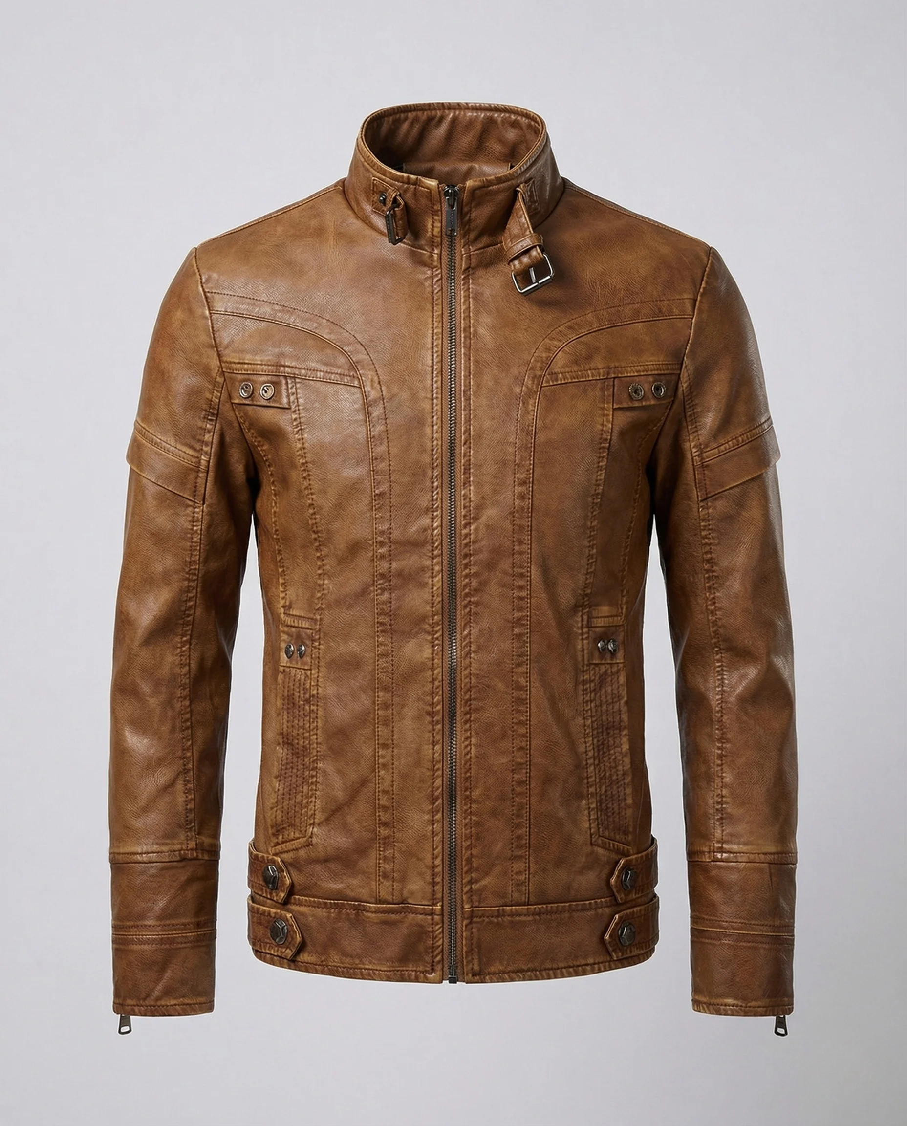 Herren Bikerjacke Kunstleder Stehkragen Reißverschluss - Image 5