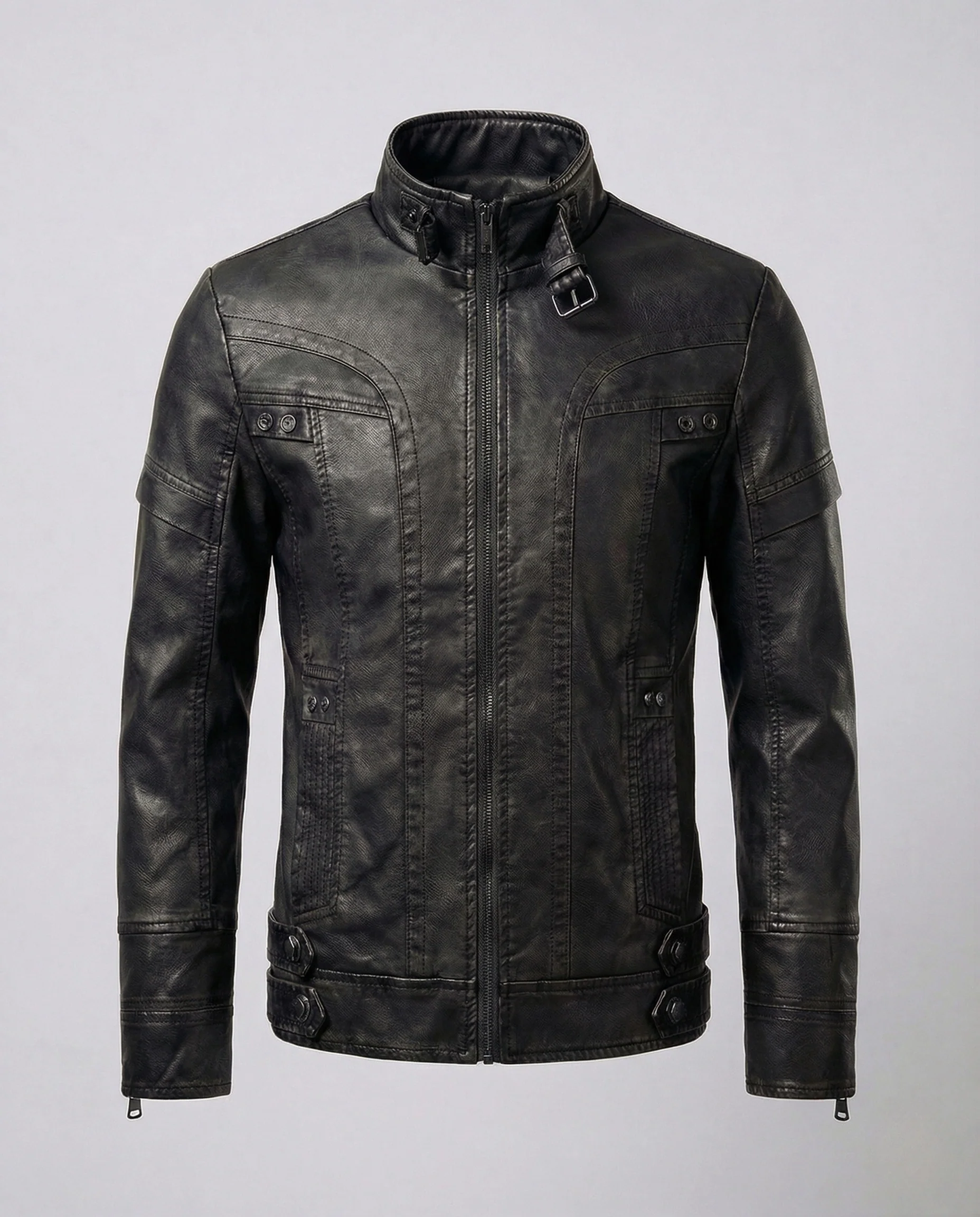 Herren Bikerjacke Kunstleder Stehkragen Reißverschluss - Image 6