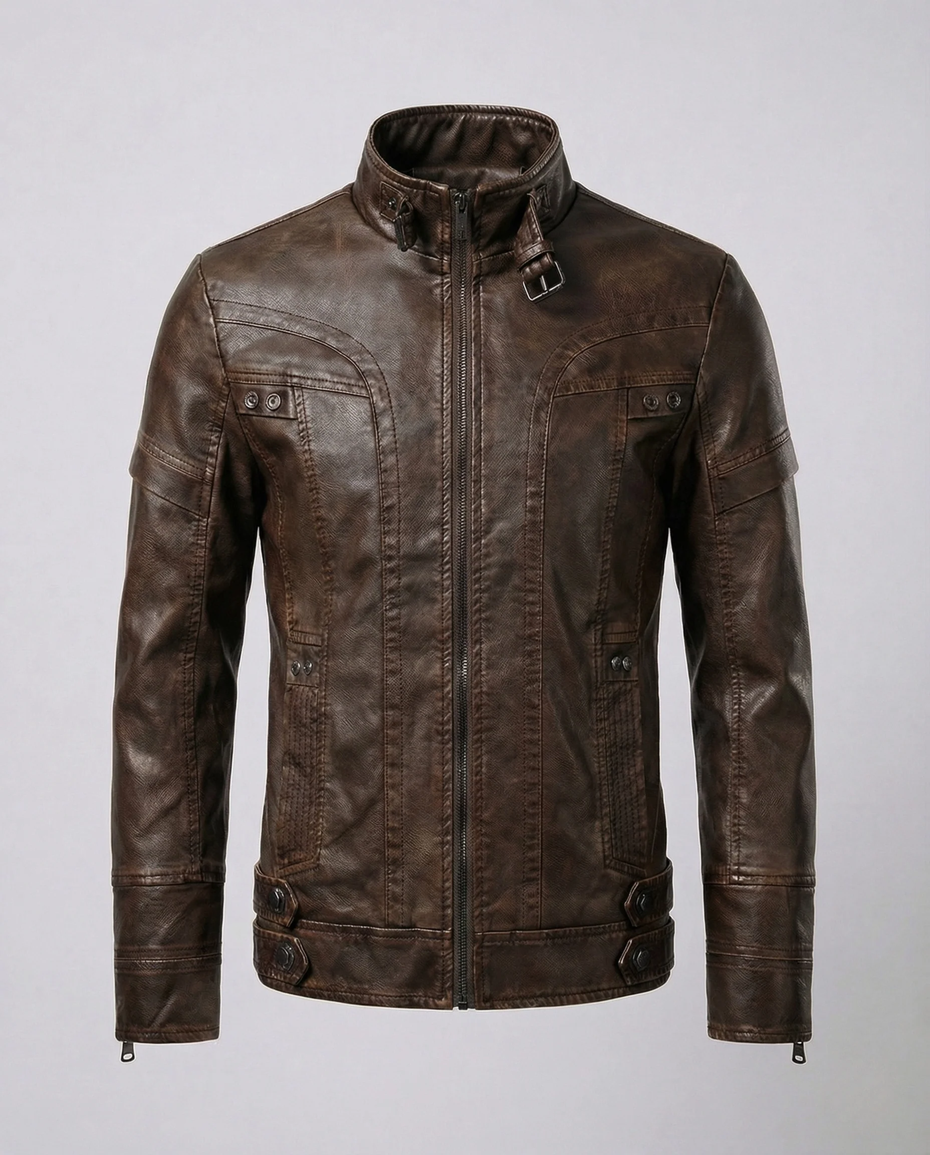 Herren Bikerjacke Kunstleder Stehkragen Reißverschluss - Image 7