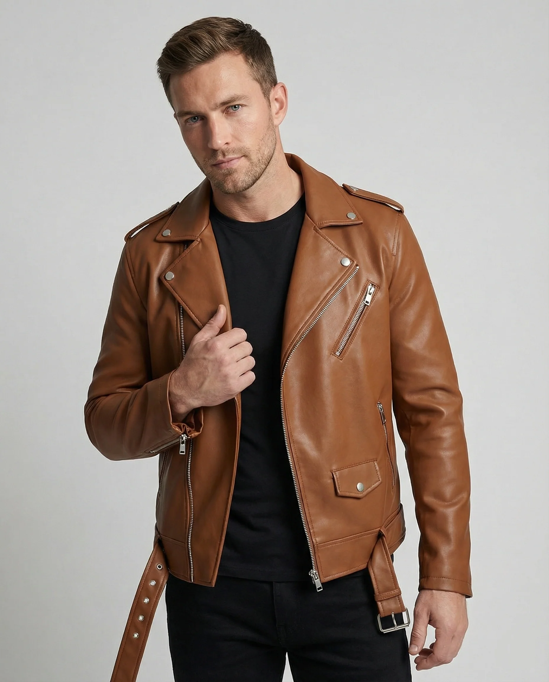 Herren Bikerjacke Kunstleder tailliert - Image 8