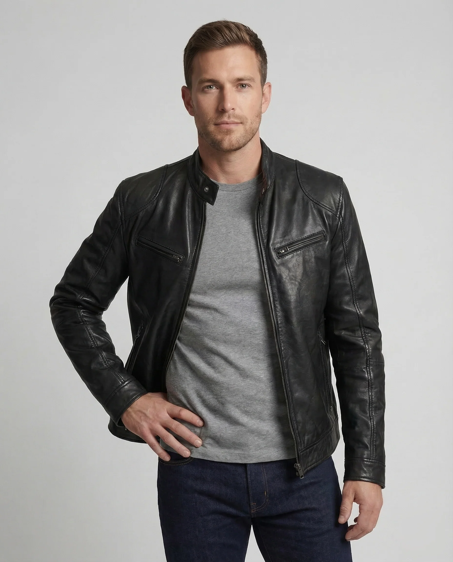 Herren Leder Bikerjacke Nappa - Image 2