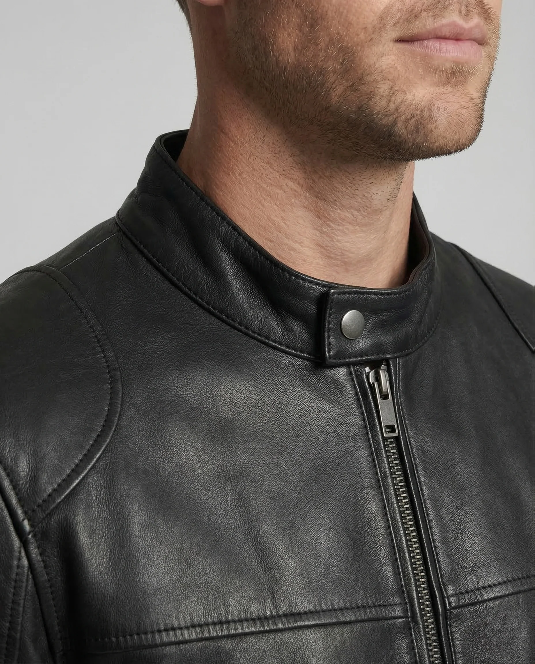 Herren Leder Bikerjacke Slim Stehkragen - Image 3