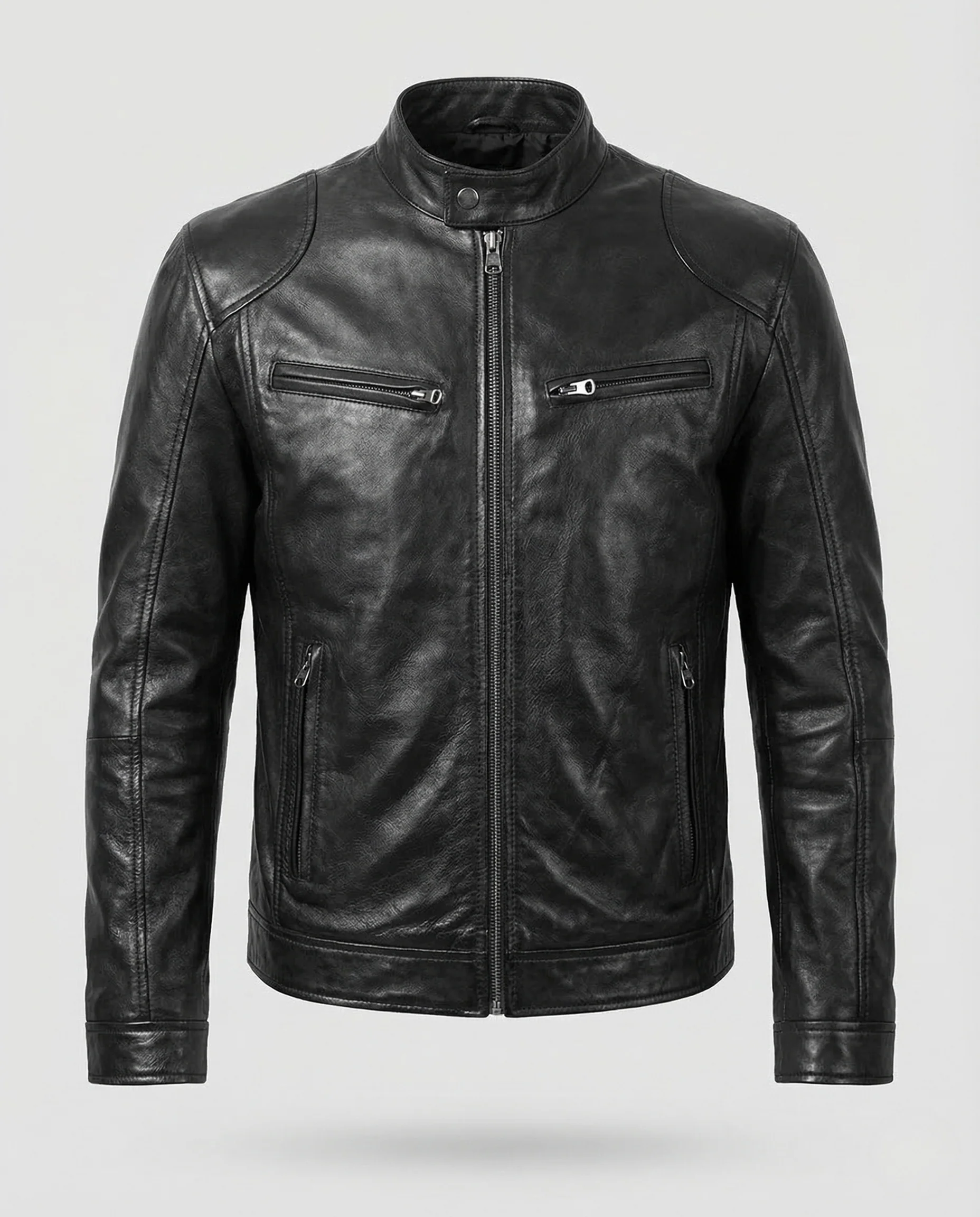 Herren Leder Bikerjacke Slim Stehkragen - Image 5