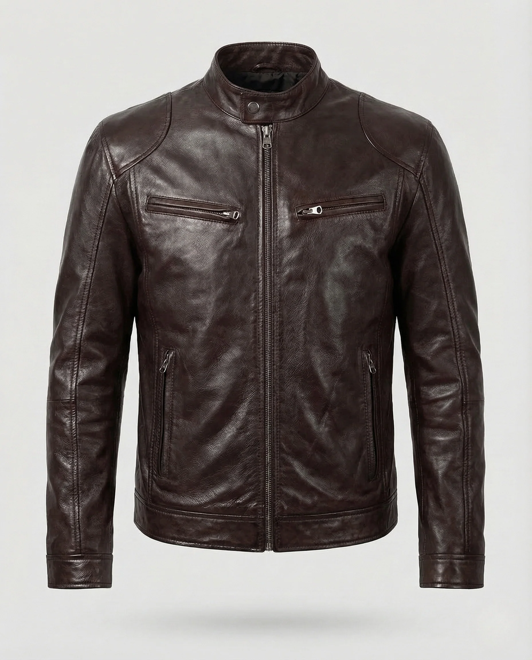 Herren Leder Bikerjacke Slim Stehkragen - Image 6