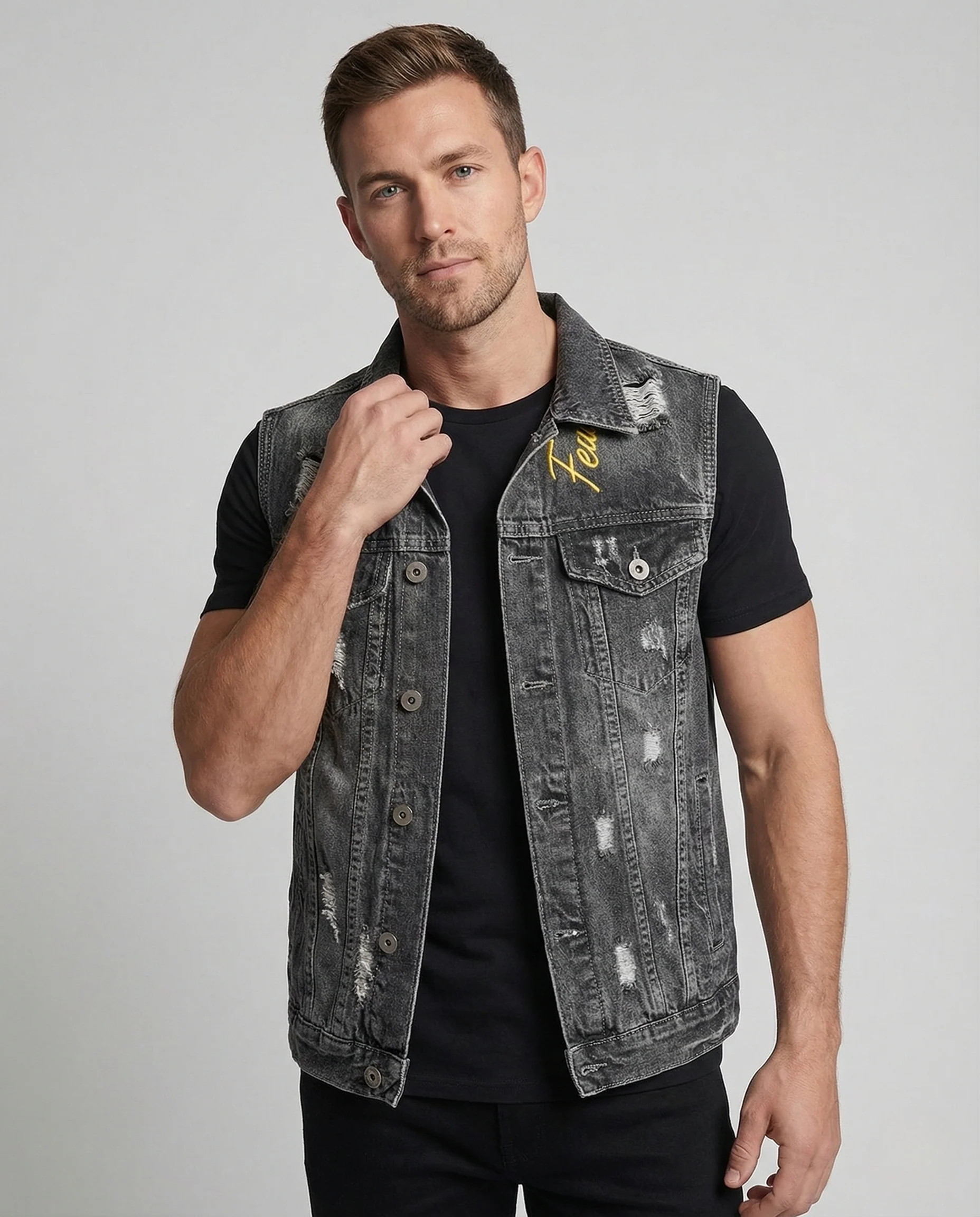 Herren Denim Bikerweste mit Stickerei - Image 2