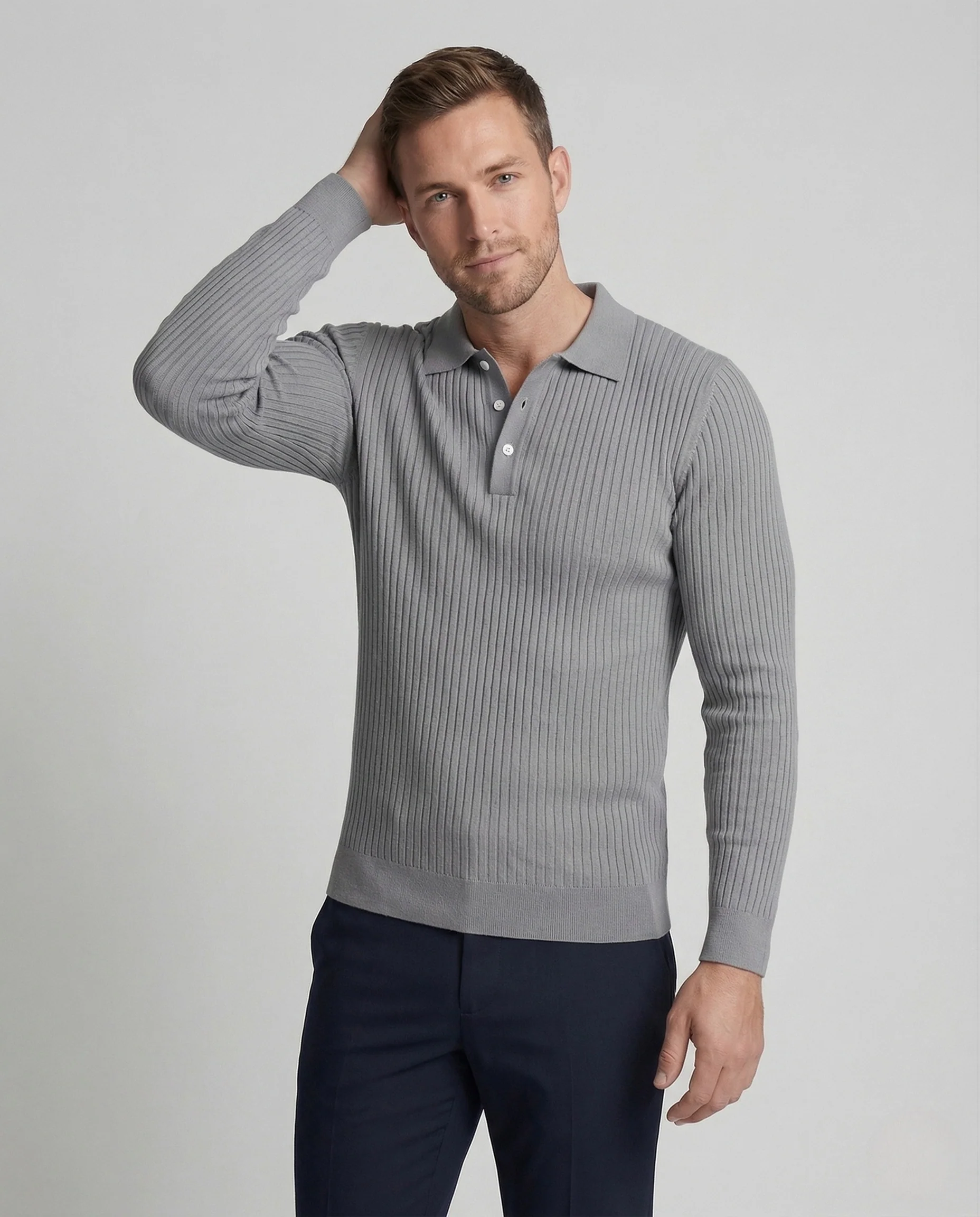 Herren Feinstrick Poloshirt mit Rippenstruktur Slim Fit - Image 2