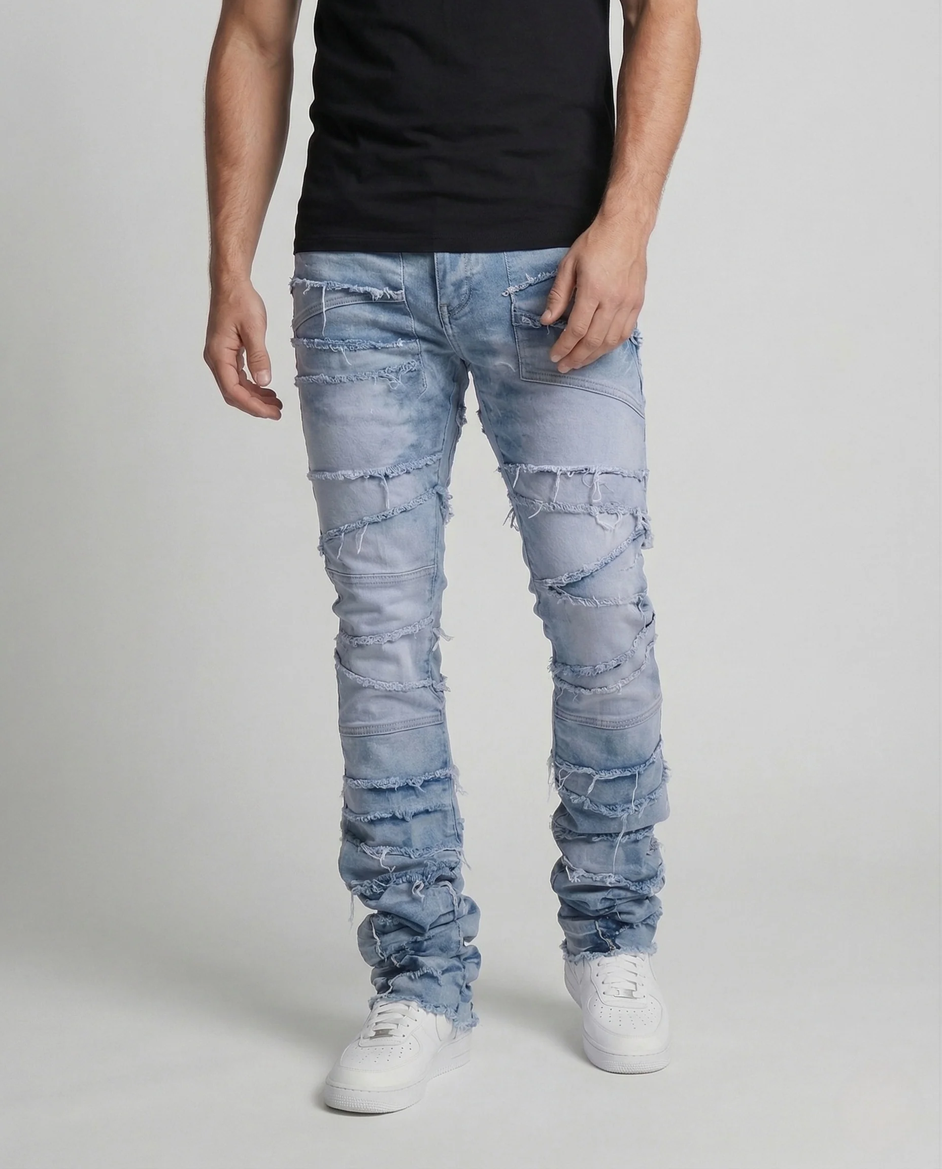 Herren Patchwork Jeans Slim Fit mit Fransen - Image 2
