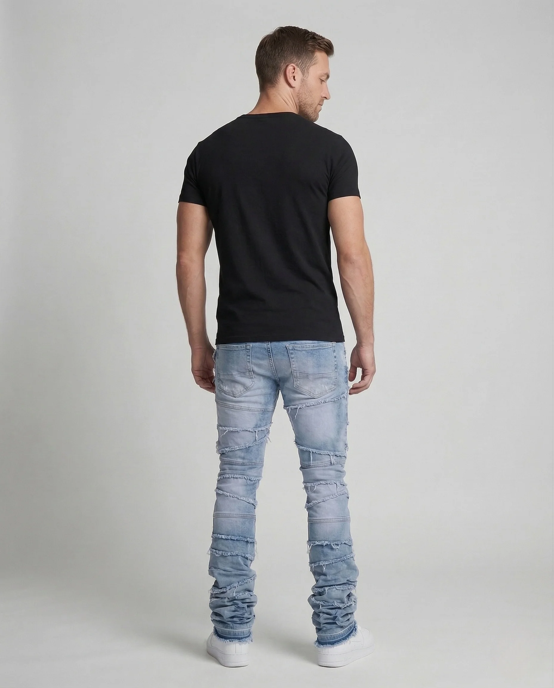 Herren Patchwork Jeans Slim Fit mit Fransen - Image 4