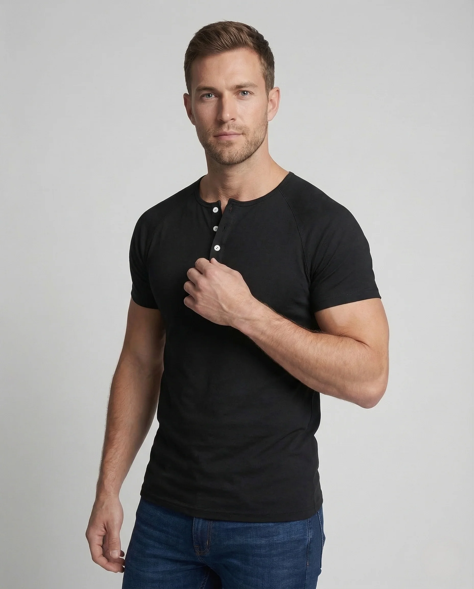 Herren T Shirt Rippstrick Knopfleiste Slim - Image 2