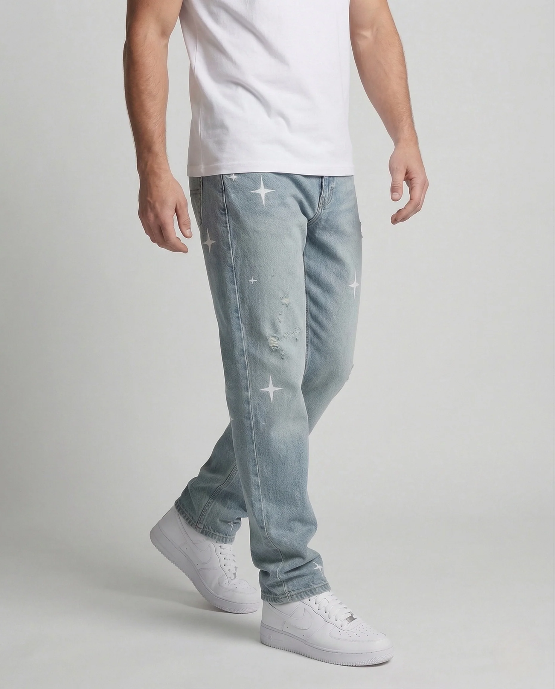 Herren Gerade Geschnittene Jeans mit Sternmotiv und Washed Look - Image 2