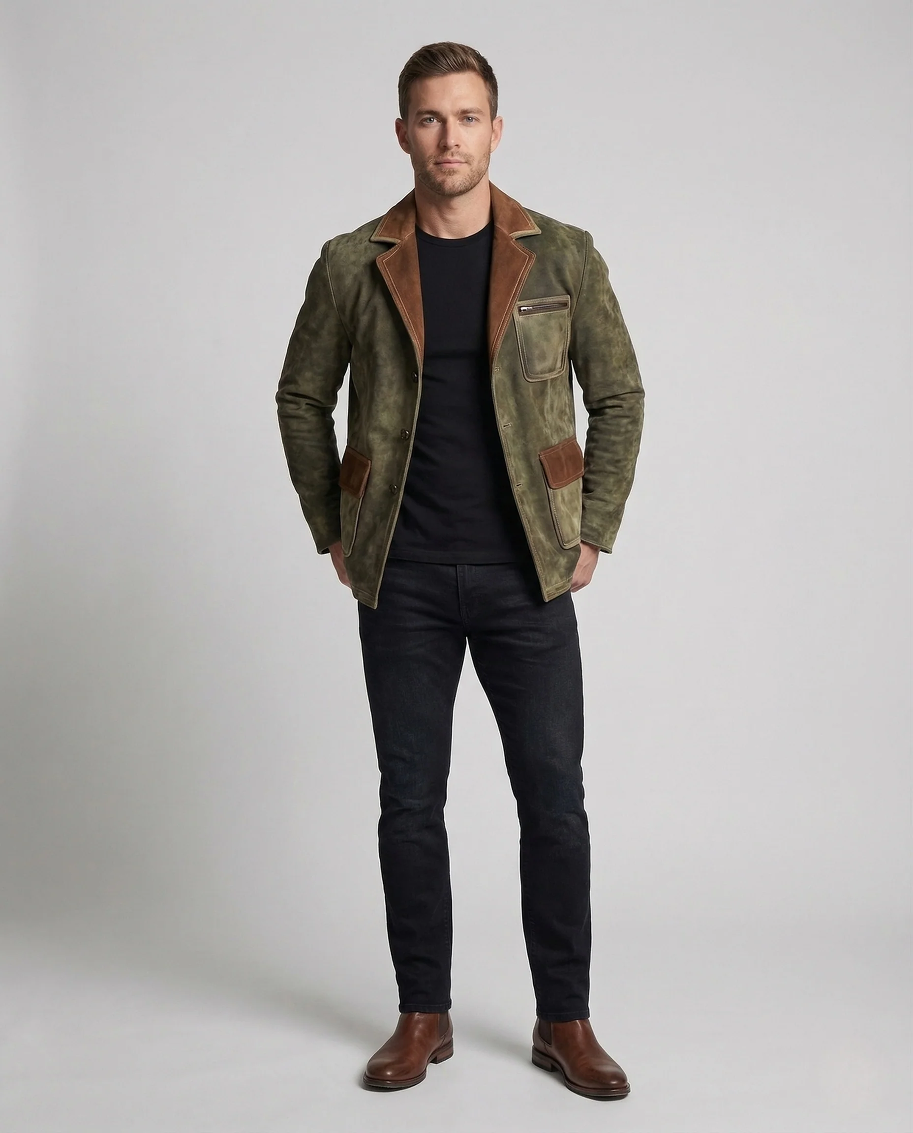 Herren Ledersakko Vintage Look Kontrastbesatz - Image 2