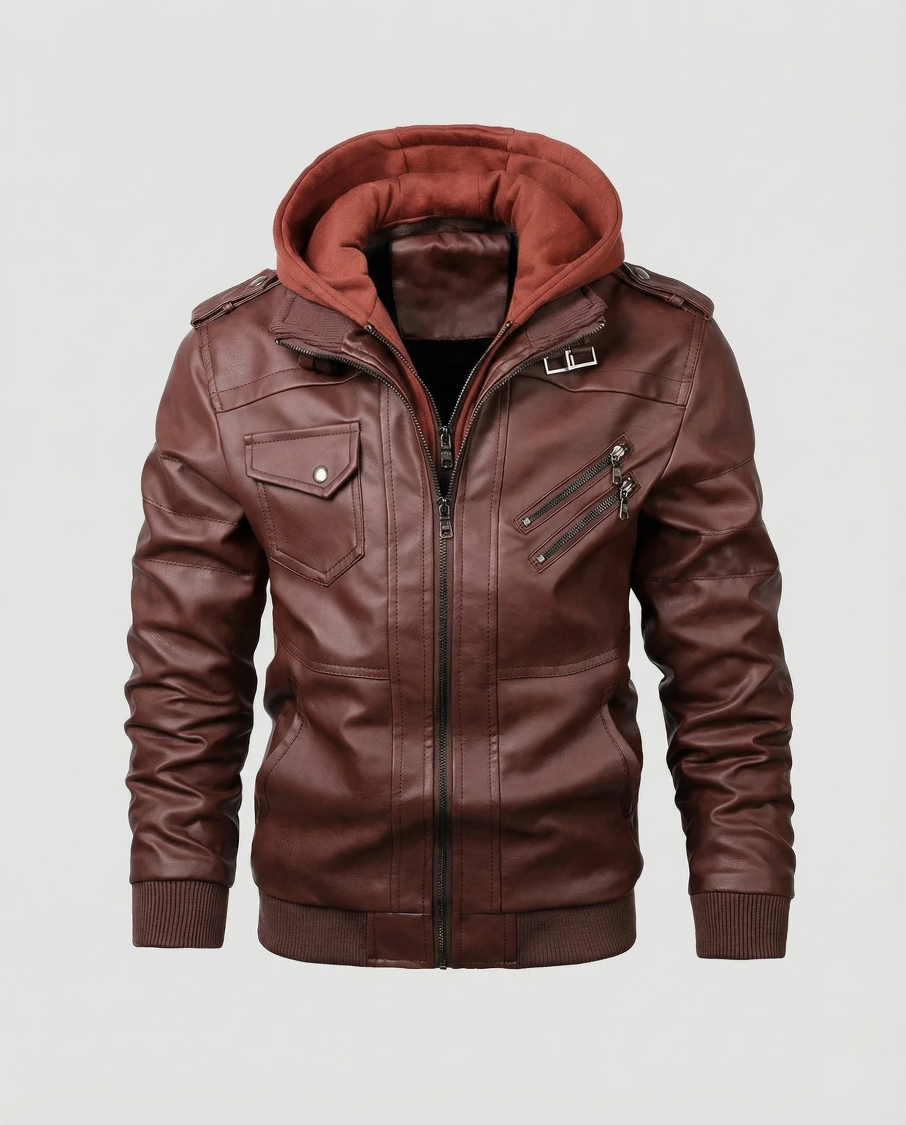 Herren Kunstlederjacke mit Kapuze und Reißverschlusstaschen - Image 5