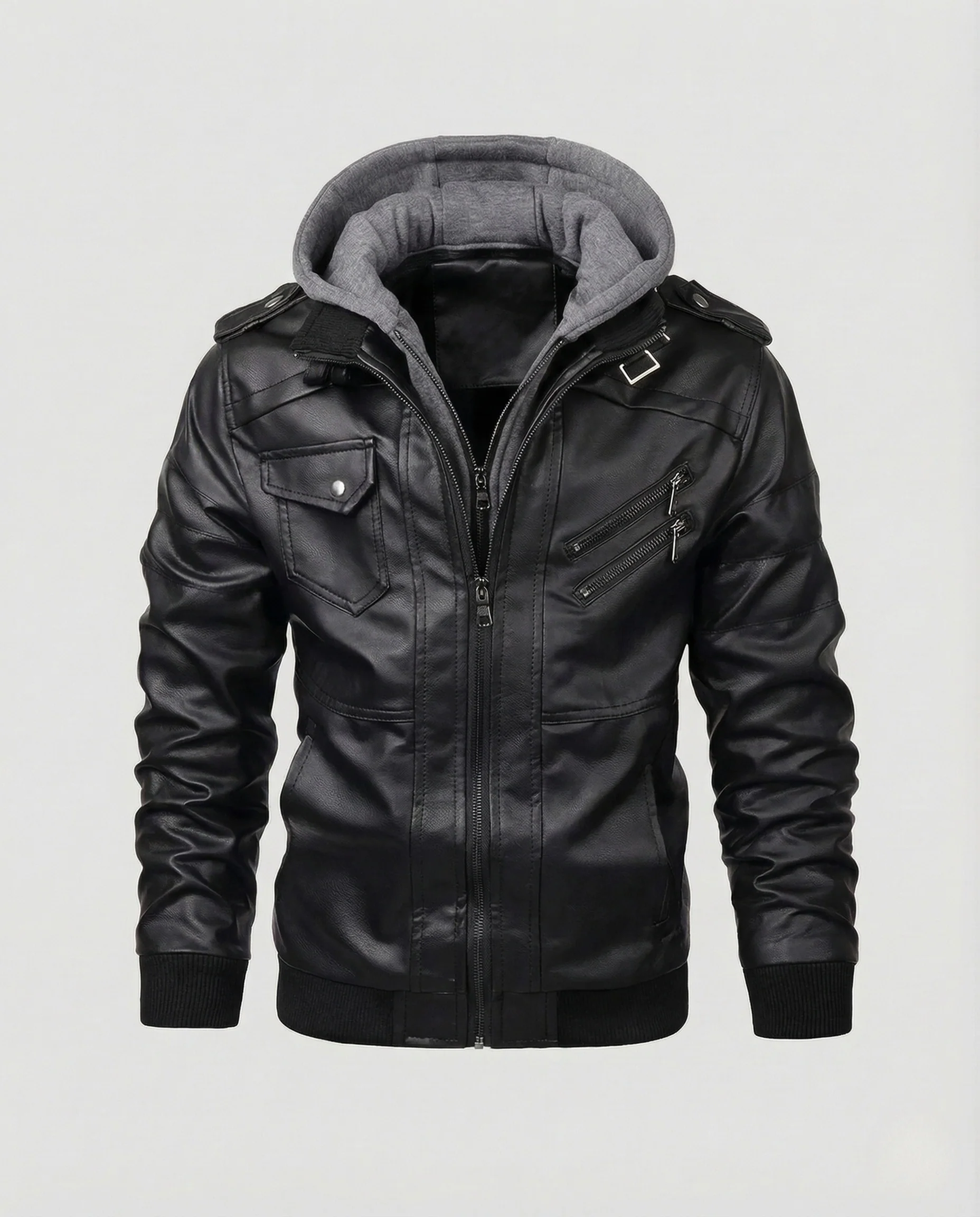 Herren Kunstlederjacke mit Kapuze und Reißverschlusstaschen - Image 6