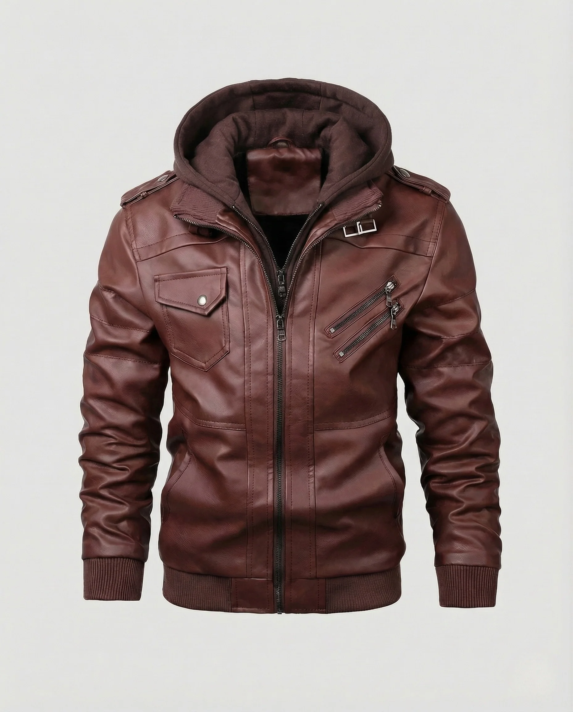 Herren Kunstlederjacke mit Kapuze und Reißverschlusstaschen - Image 7
