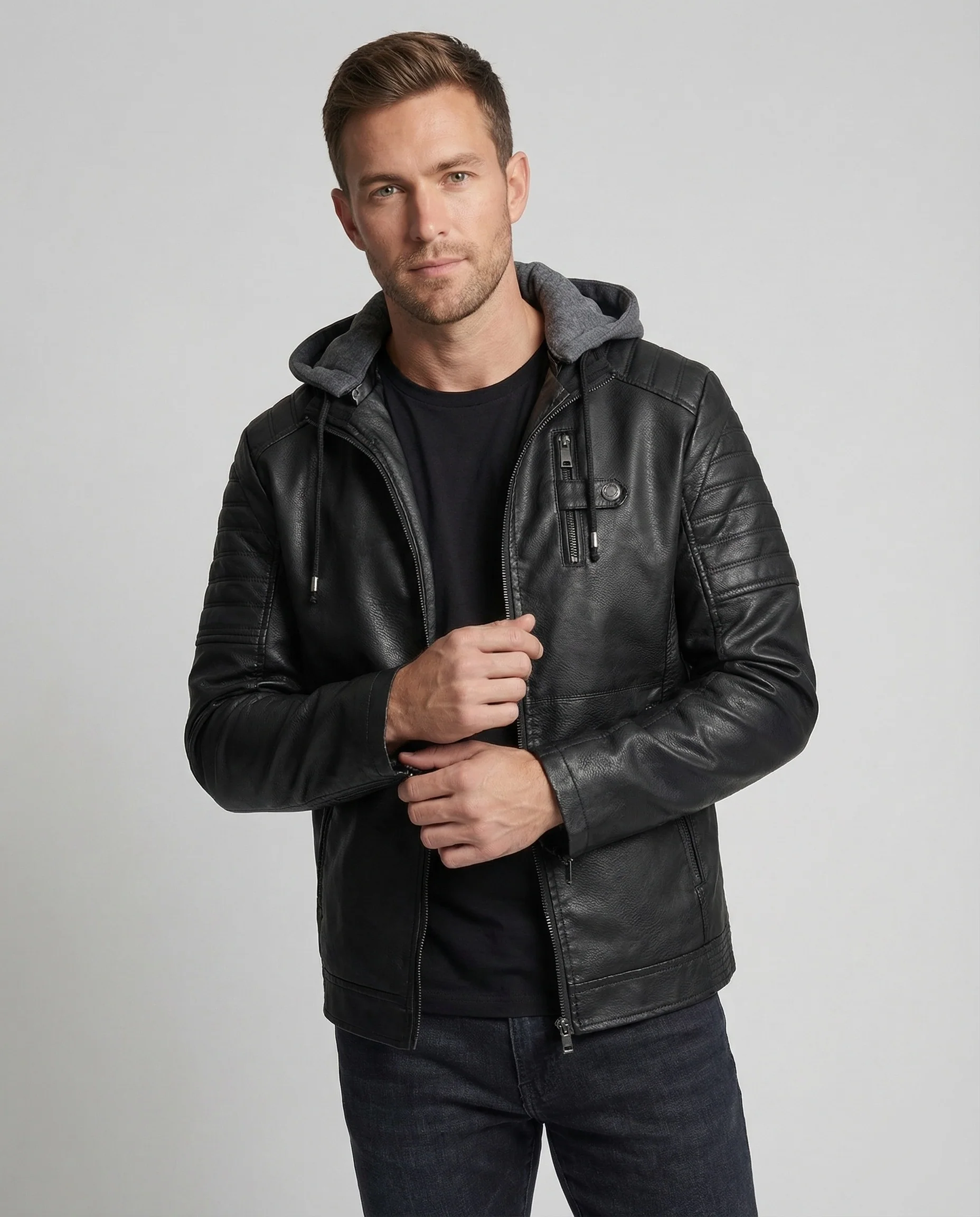 Herren Lederimitat Kapuzenblouson mit Teddyfutter & Steppung - Image 2
