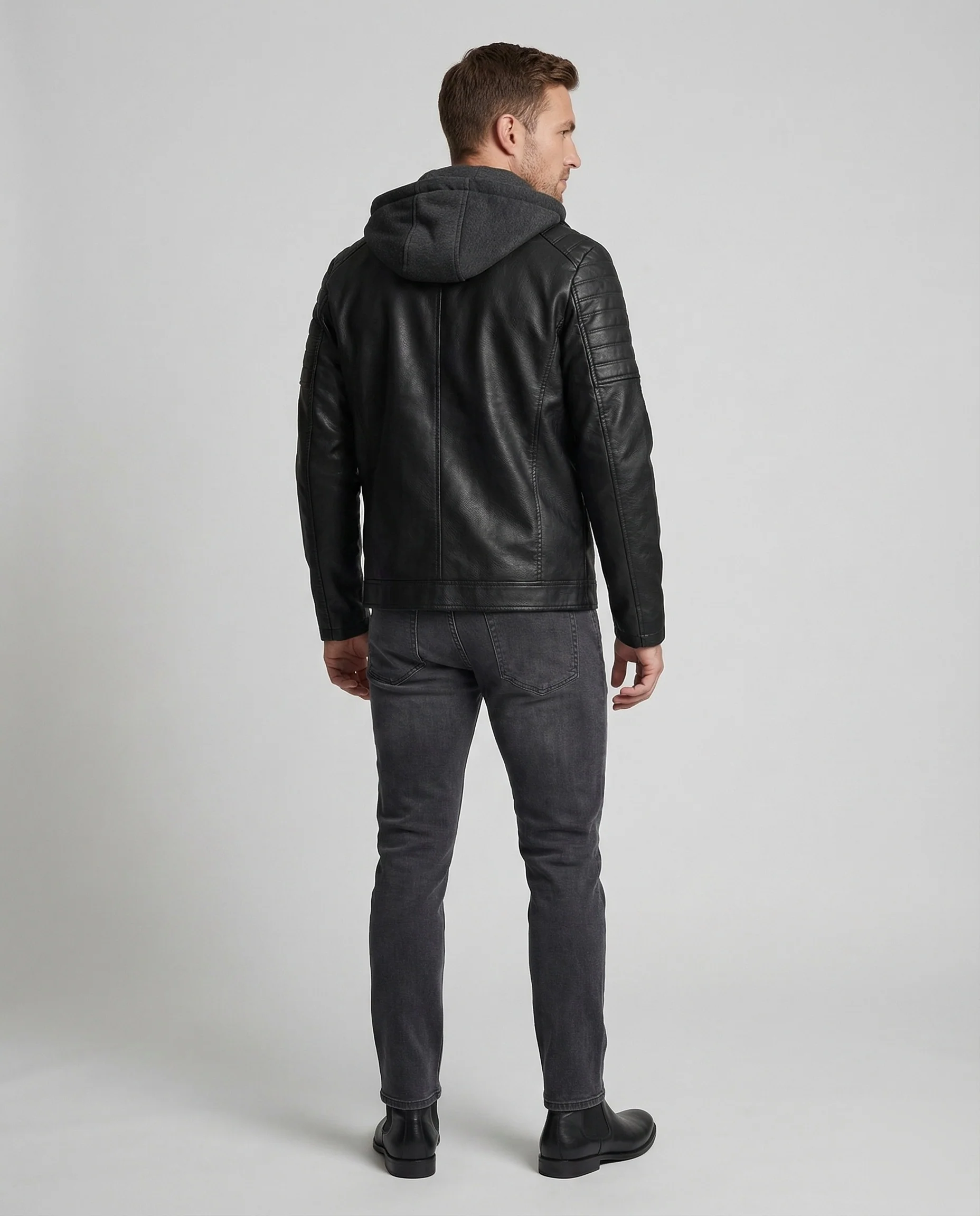 Herren Lederimitat Kapuzenblouson mit Teddyfutter & Steppung - Image 3