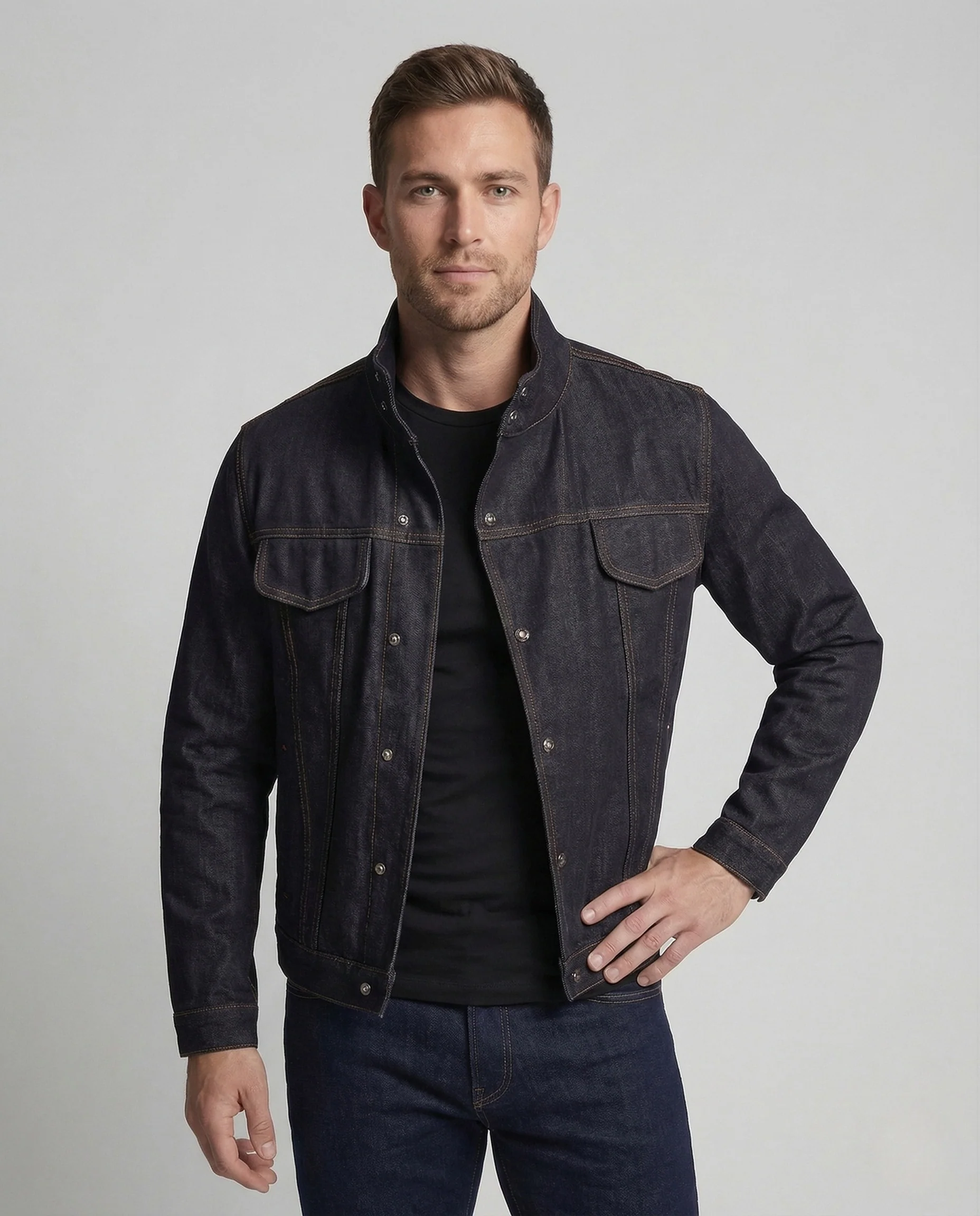 Herren Denimjacke Boxy Fit mit Stehkragen und Druckknöpfen - Image 2