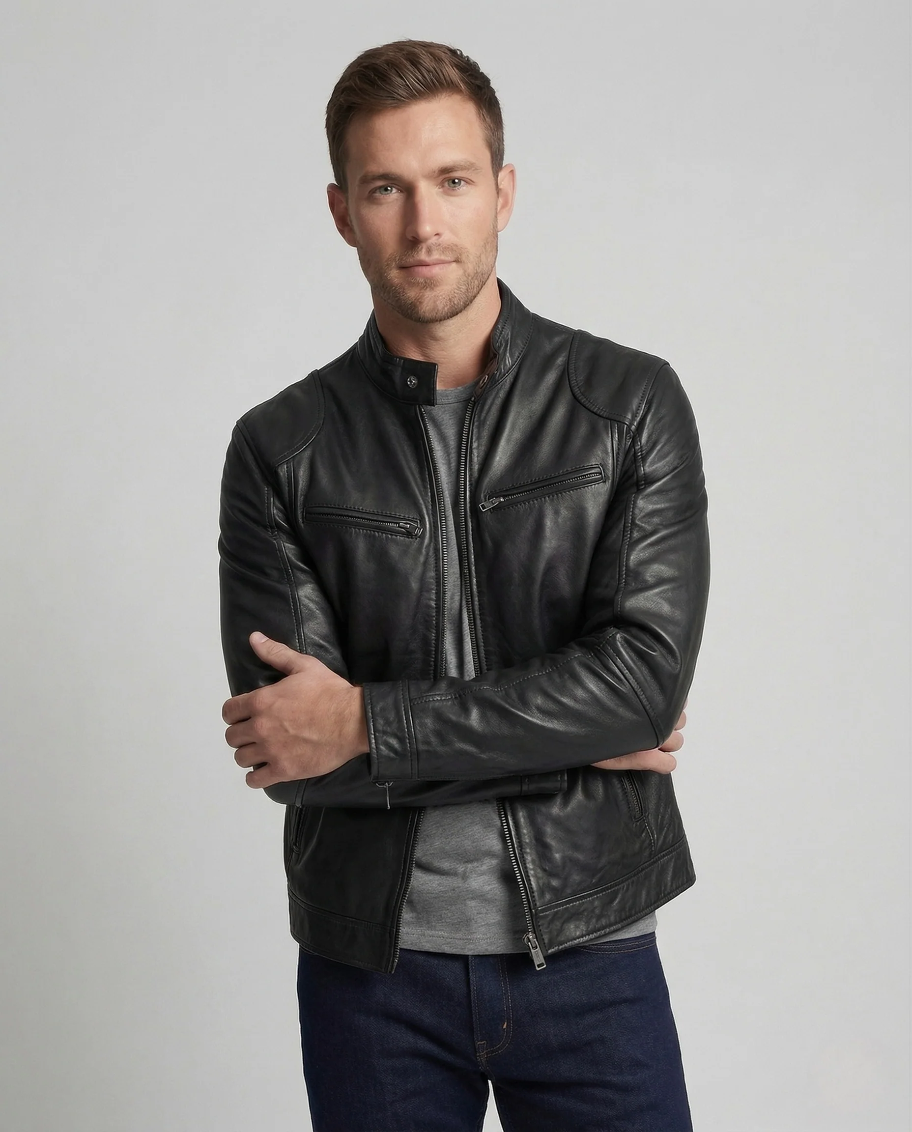Herren Lederjacke Biker Stil mit Stehkragen und Reißverschlusstaschen - Image 2