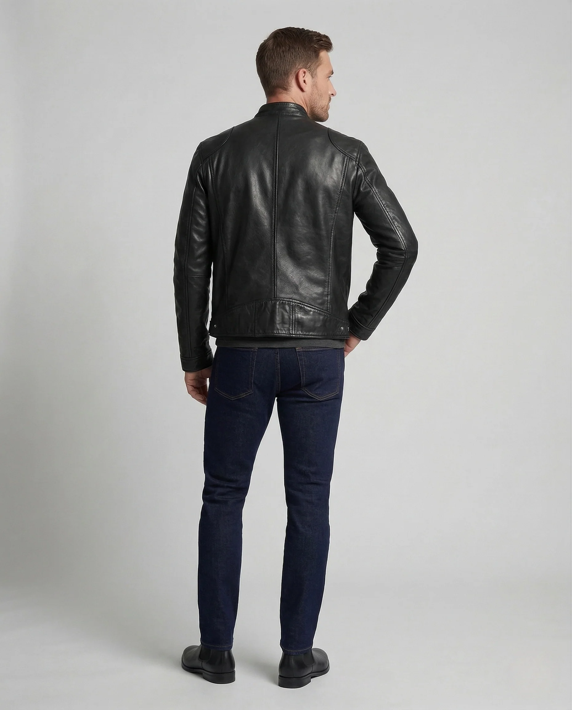 Herren Lederjacke Biker Stil mit Stehkragen und Reißverschlusstaschen - Image 4
