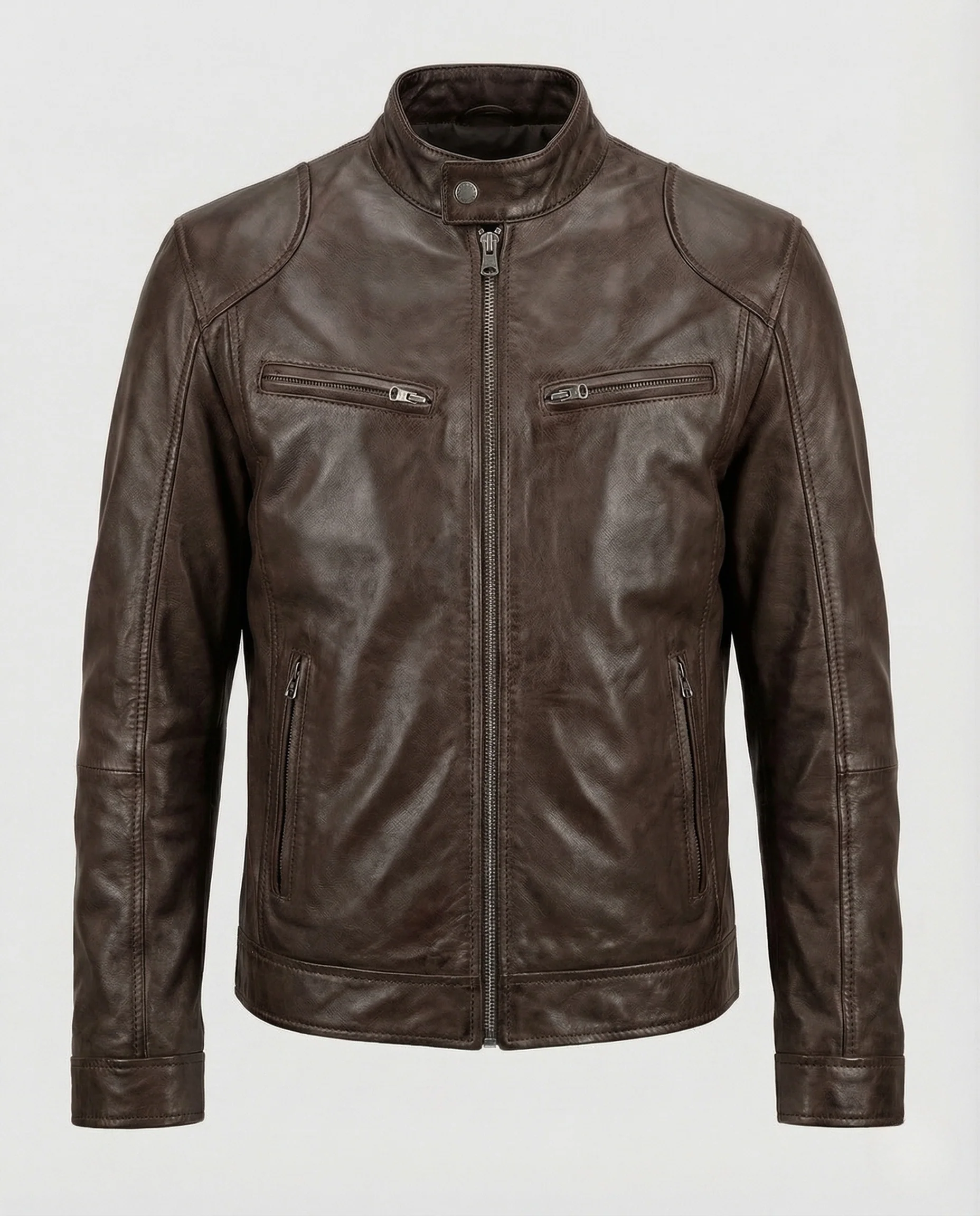 Herren Lederjacke Biker Stil mit Stehkragen und Reißverschlusstaschen - Image 8