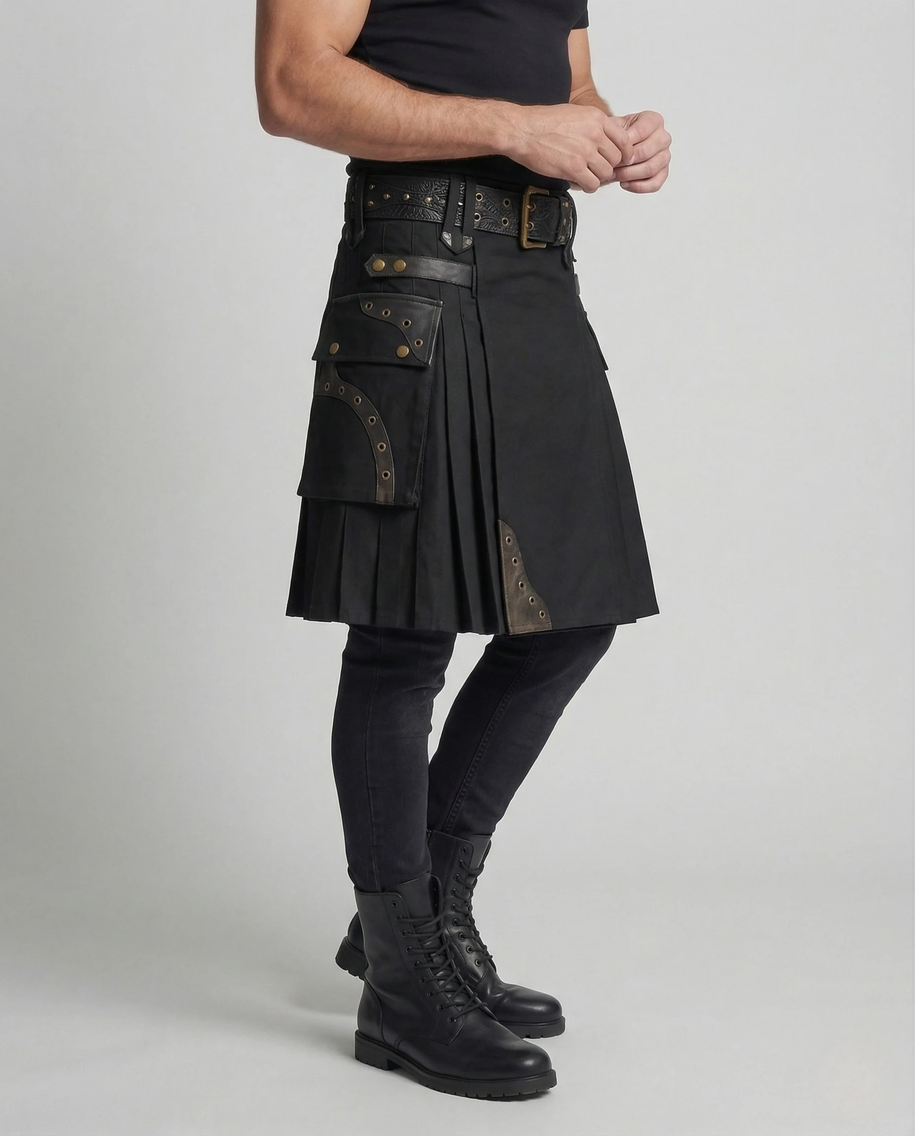 Herren Biker Kiltrock mit Klapptaschen & Lederapplikationen - Image 2