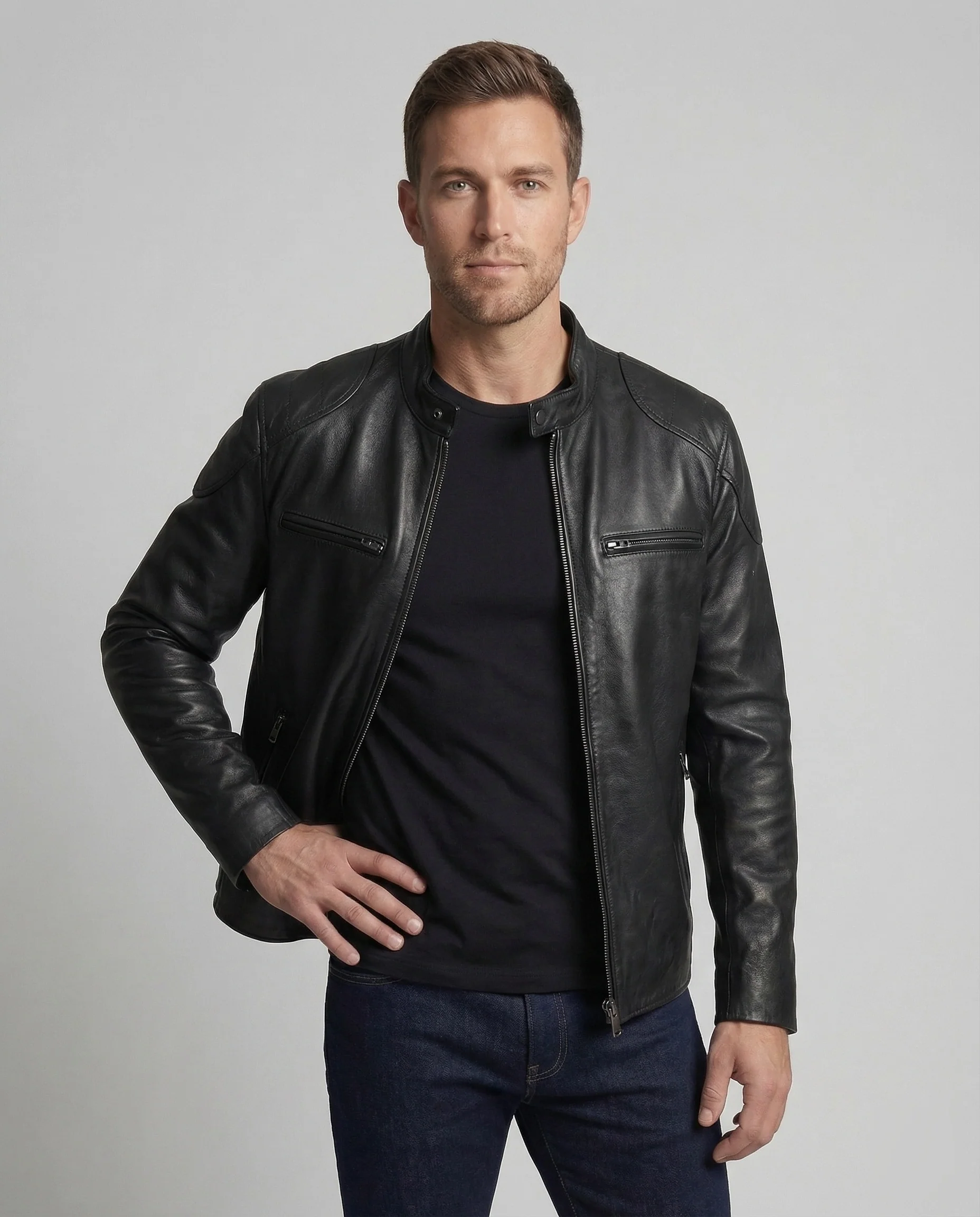 Herren Leder Bikerjacke Echtleder Stehkragen - Image 2