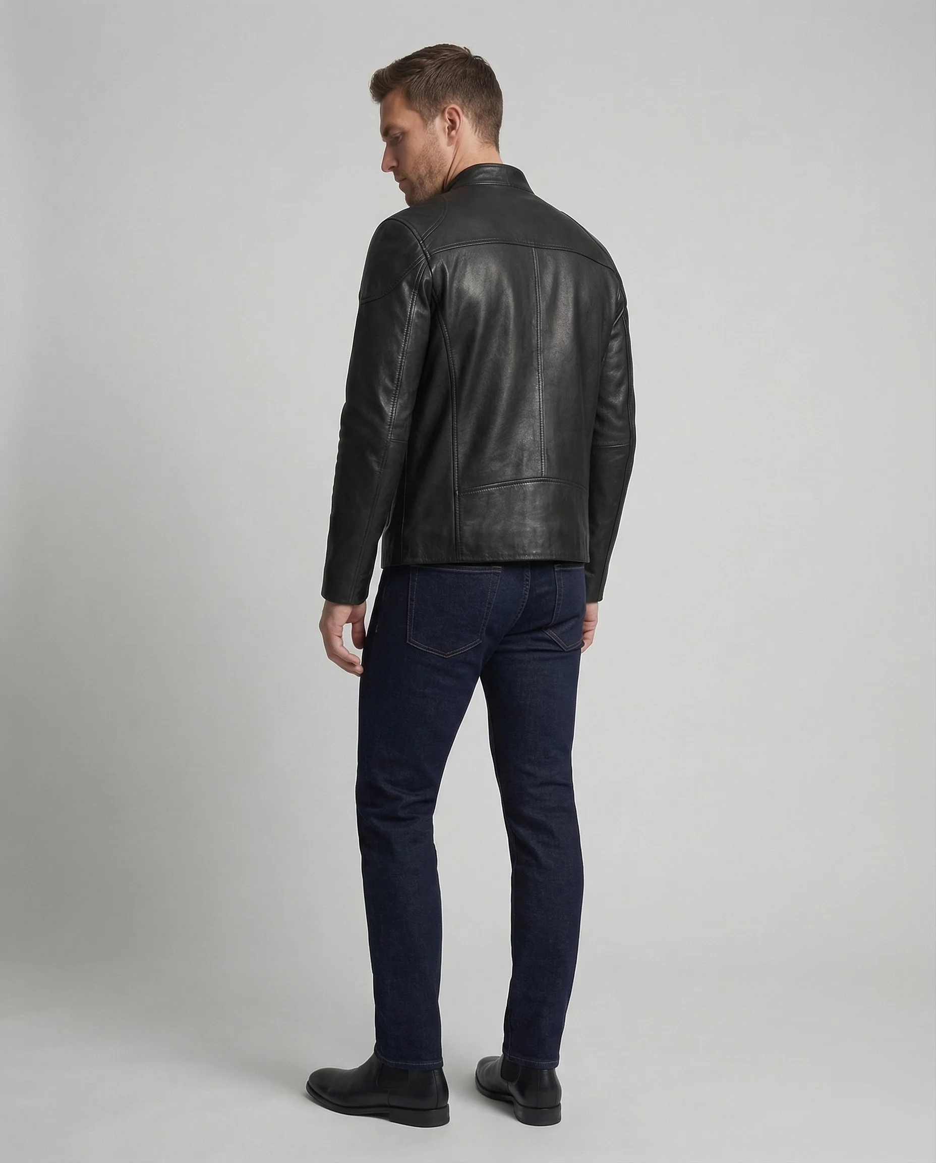 Herren Leder Bikerjacke Echtleder Stehkragen - Image 4
